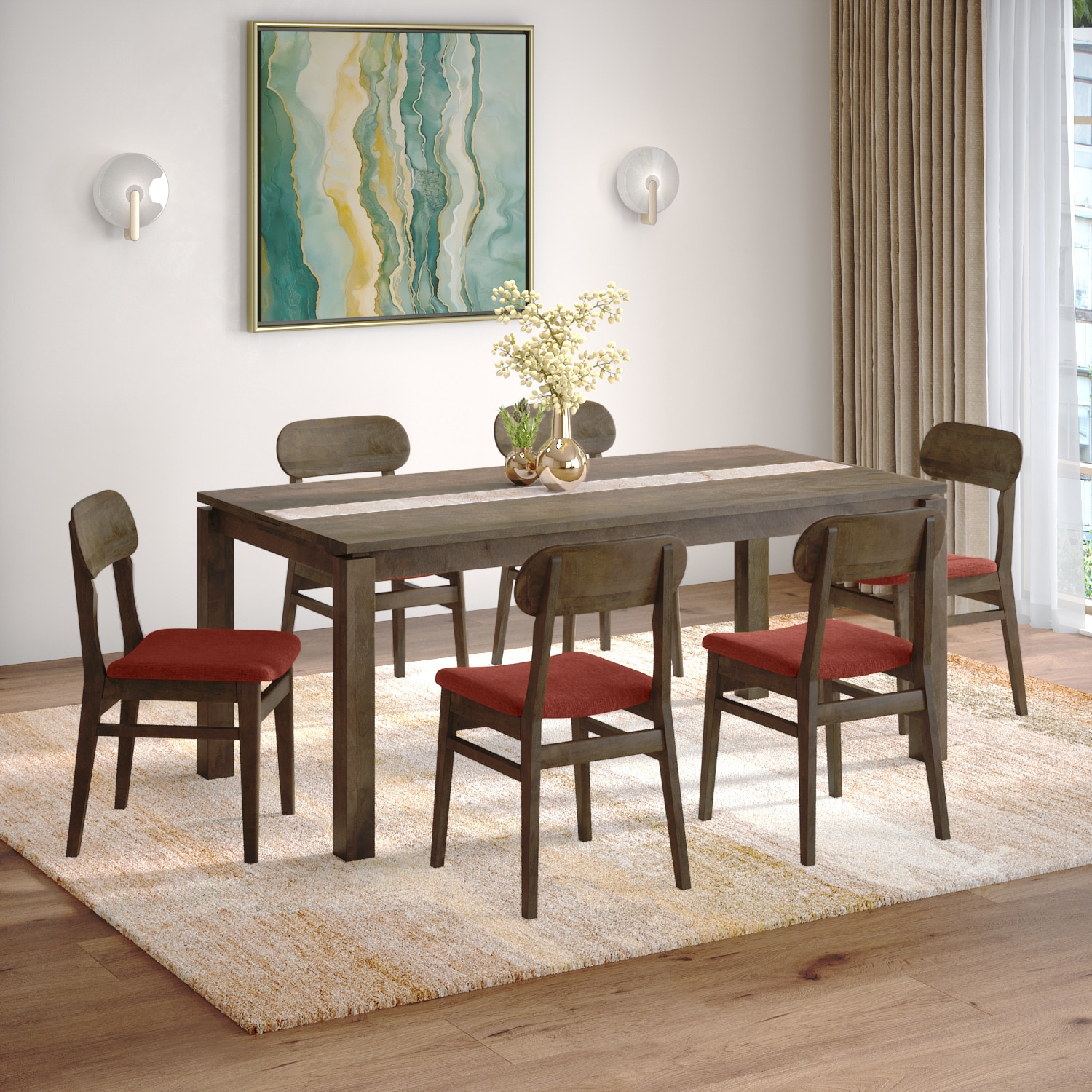 Atlas Crest Storage Solid Wood 6 Seater Dining Table With 6  Lunar Dining Chairs (Finish : Danish Walnut, Chair Colour : Dark Coral) - Urban Ladder