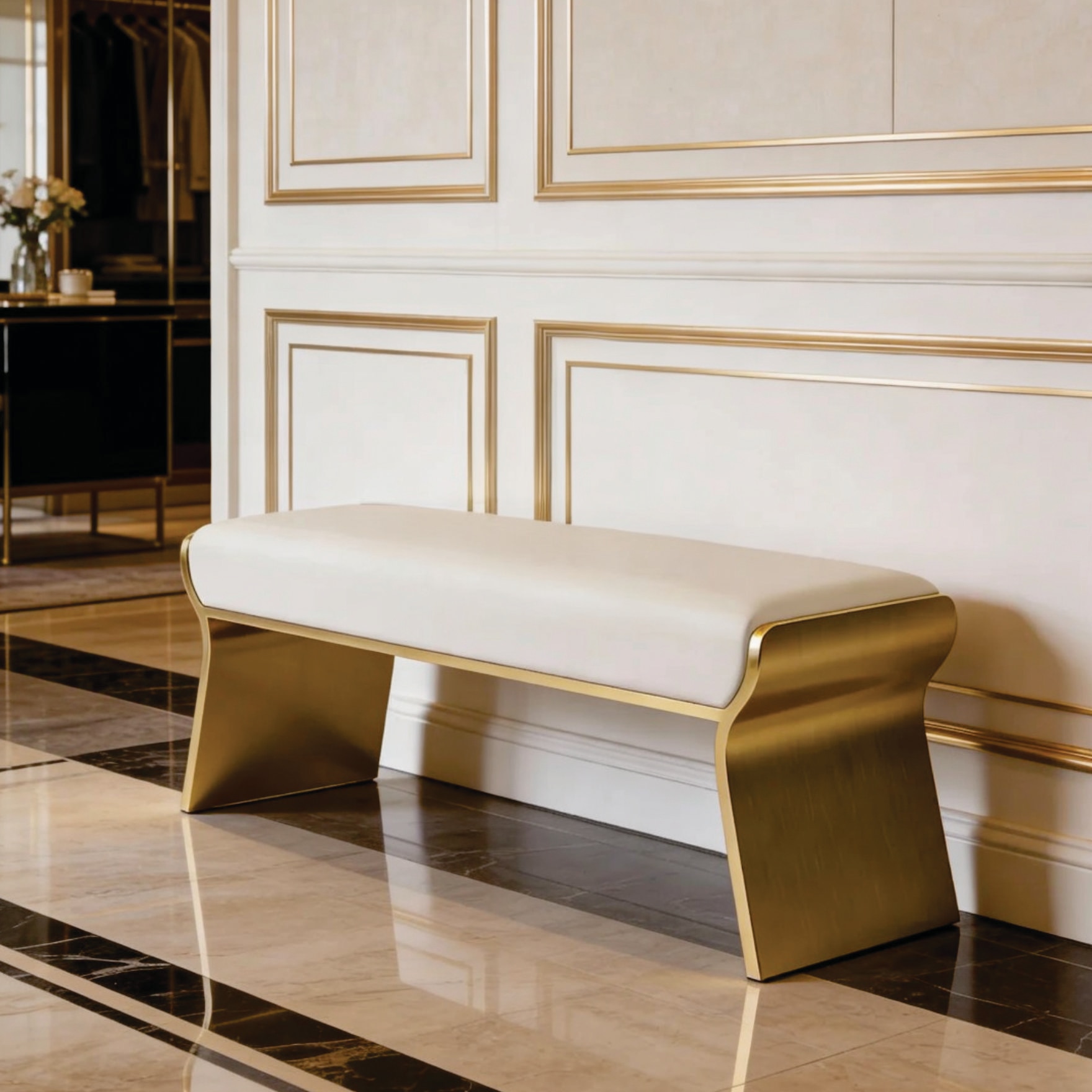 The Grand Foyer Metal Bench in White Finish - Handicrafts Town
