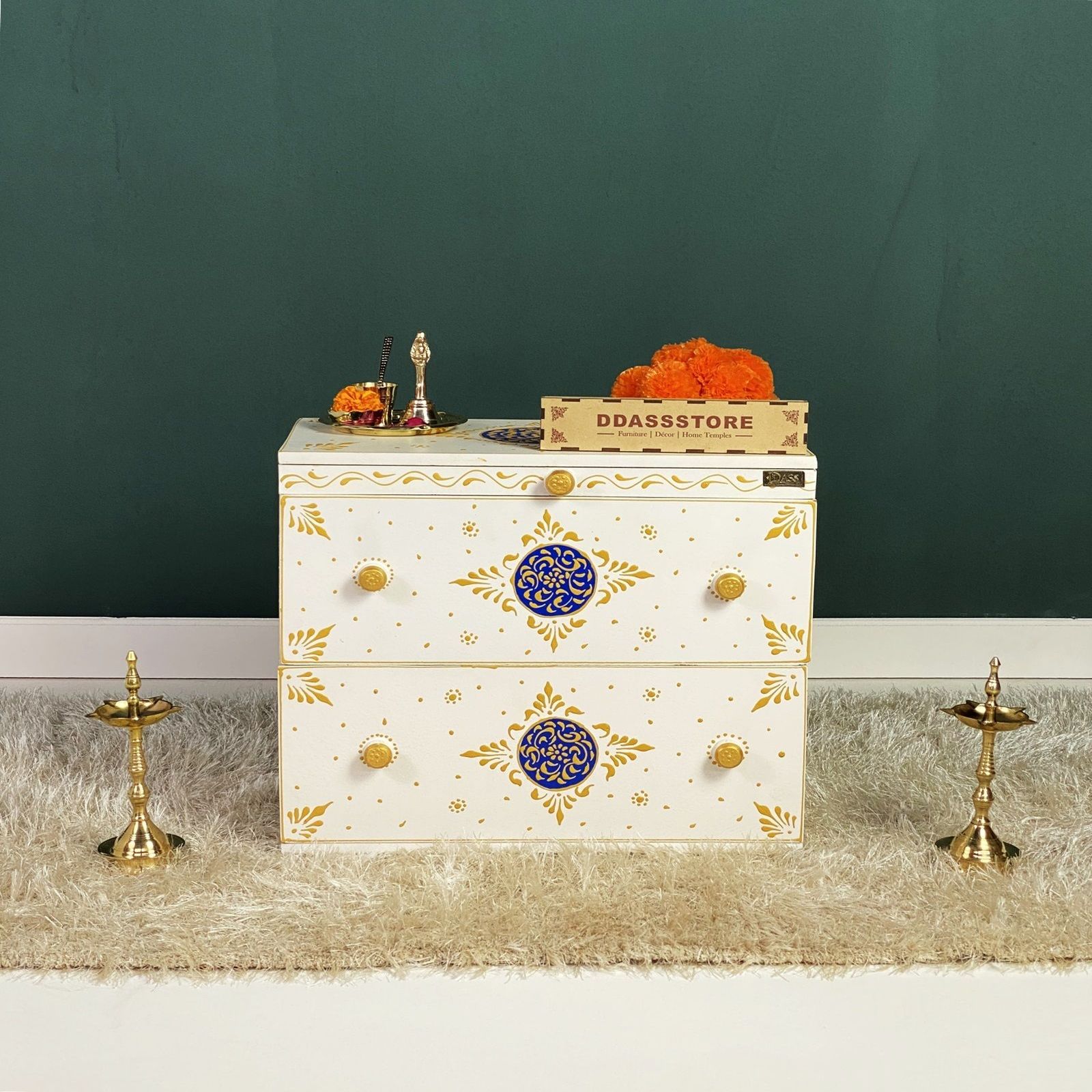 D'Dass Multi Color Mdf and Sheesham Wooden Temple With Cabinet For Pooja - D'DASS