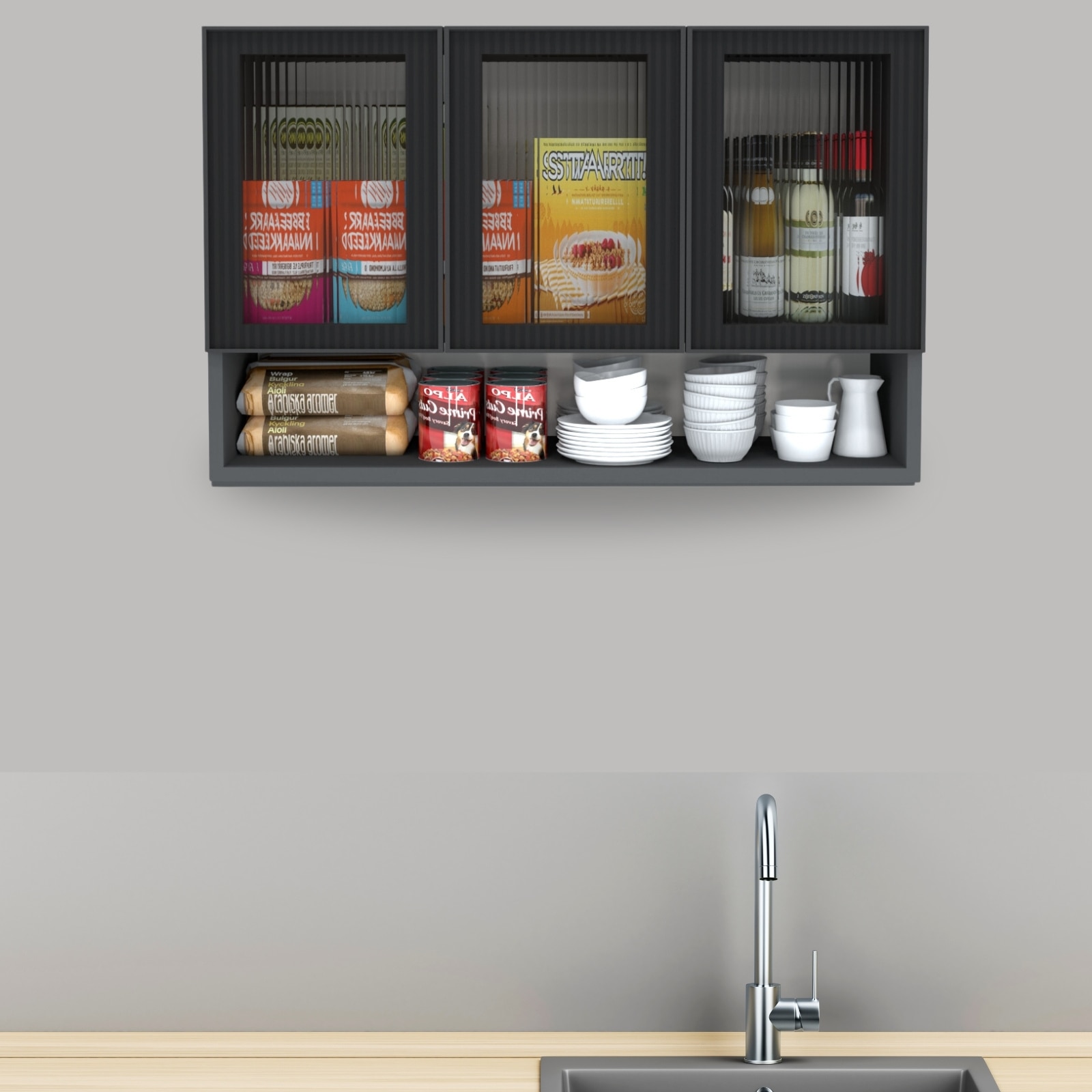 speciality panels Aluminium Black Profile 3 Fluted Glass Handless Shutter With Space Organizer In Slate Grey Finish-picture-13