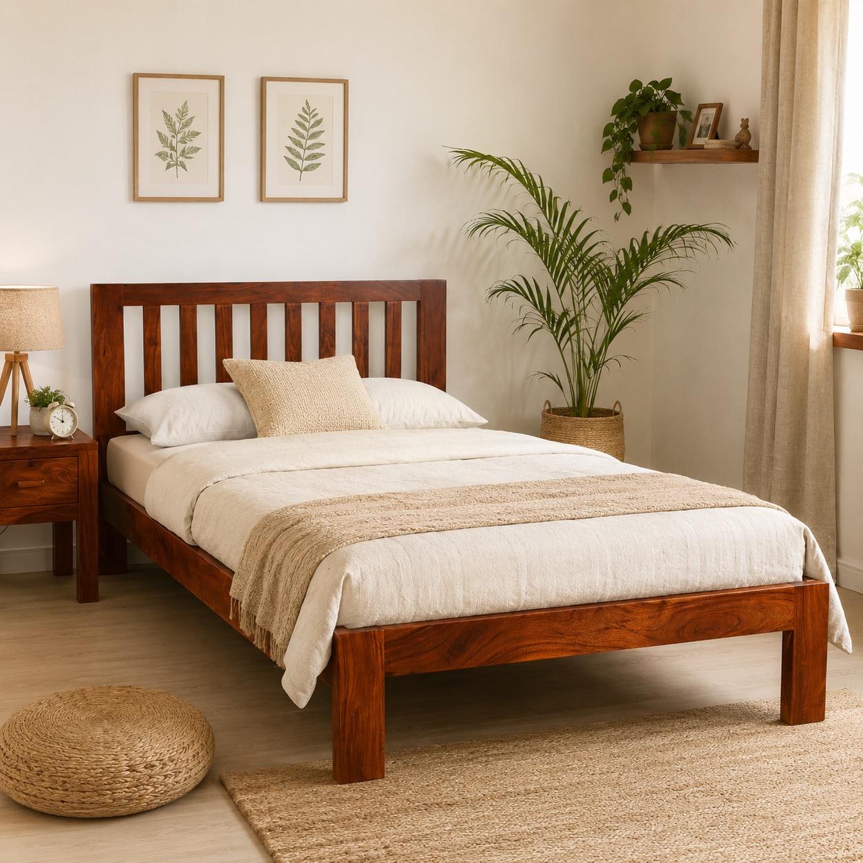 Orian Solid Wood Single Size Non Storage Bed In Honey Oak Finish - Globally Indian