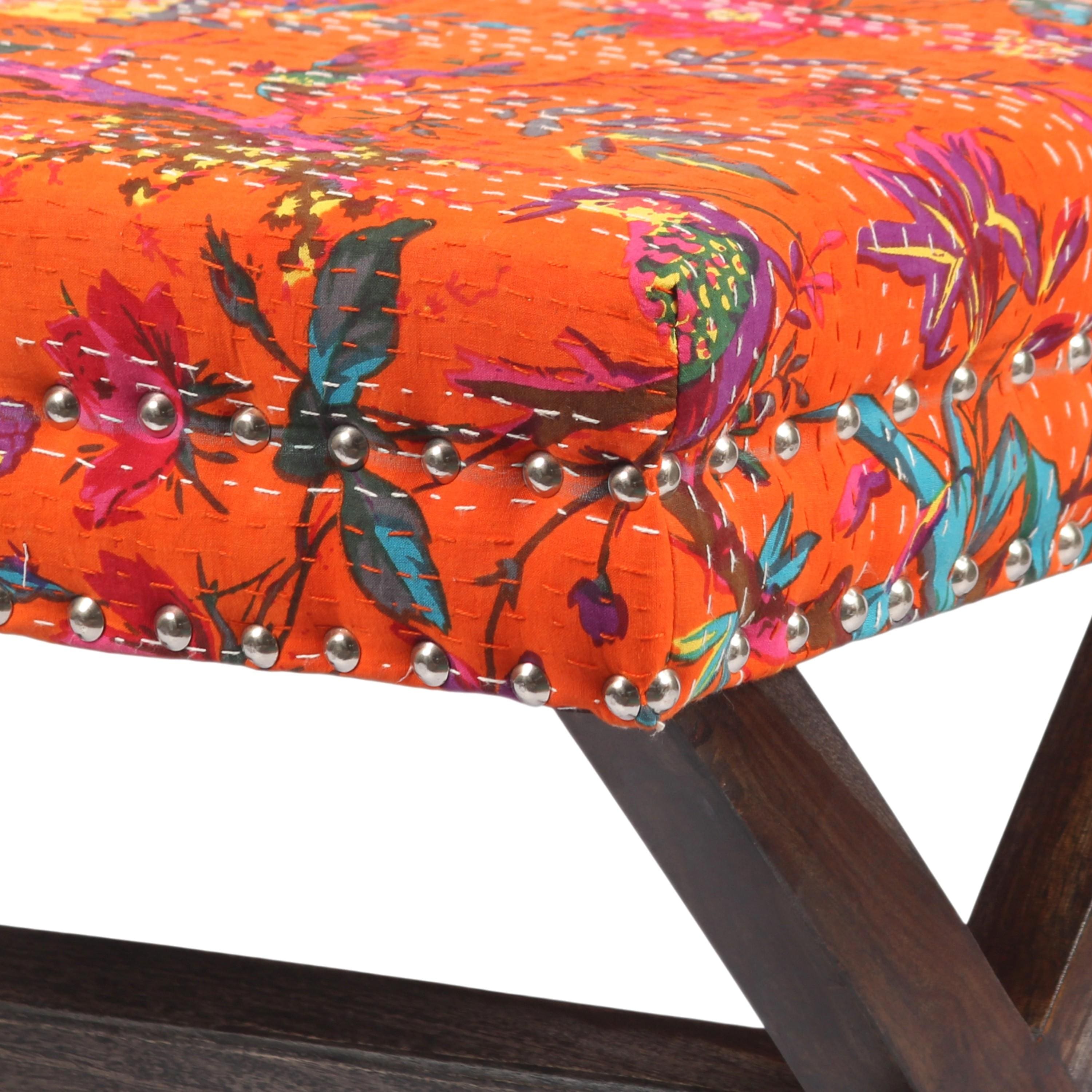 Rosslyn Solid Wood Pouf Stool in Bird Print Orange Ethnic Kantha fabric
