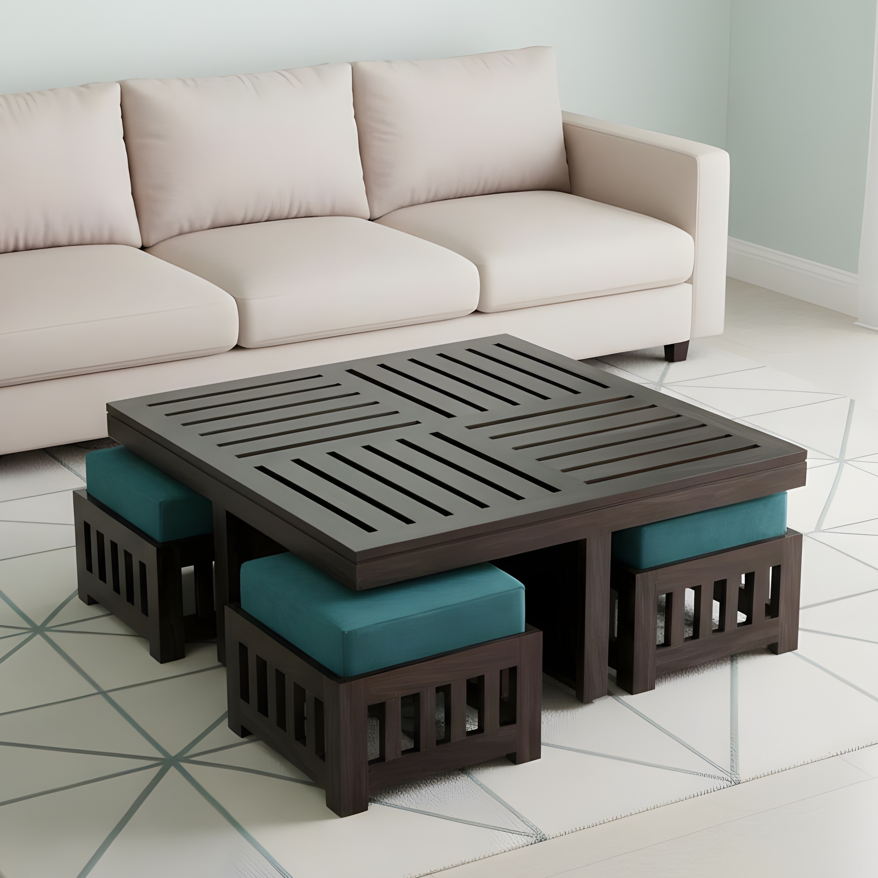 Palladio Sheesham Wood Coffee Table With 4 Stools Set In Mahogany Finish & Turquoise Sea Velvet Fabric Cushions