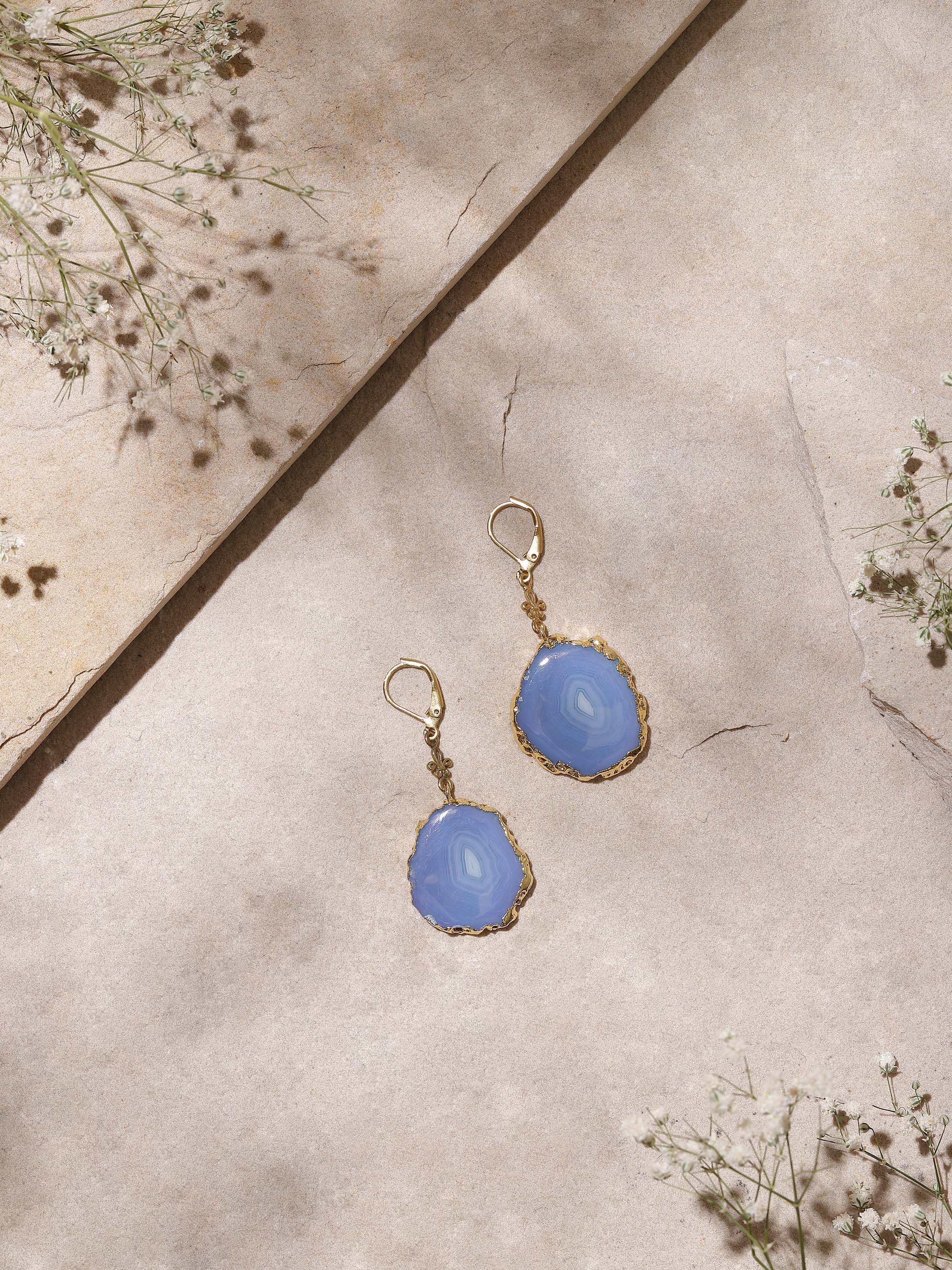 Side view of Agate Drop Earrings highlighting the unique agate stone designs by Swadesh