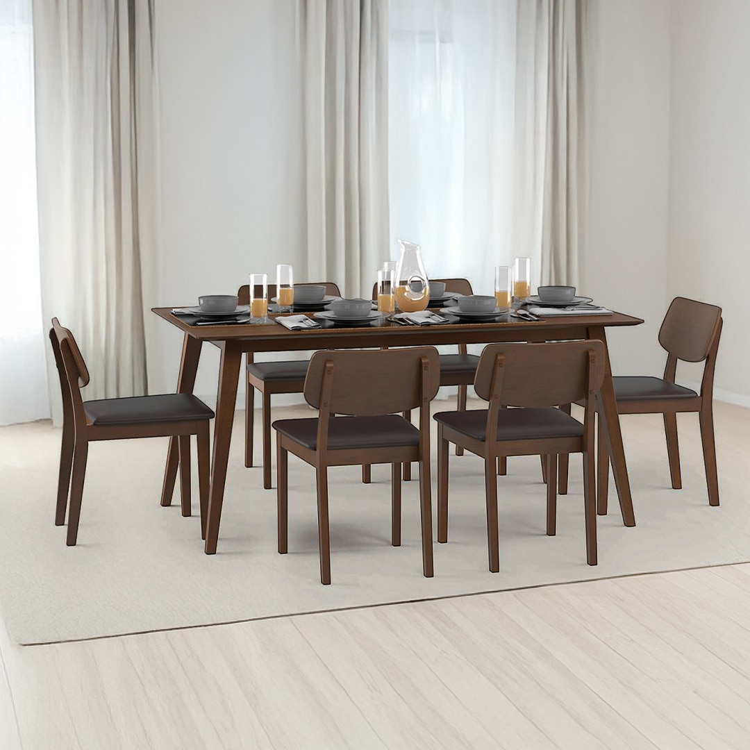 Lawson 6 Seater Dining Table Set (Colour- Dark Brown, Finish- Walnut)