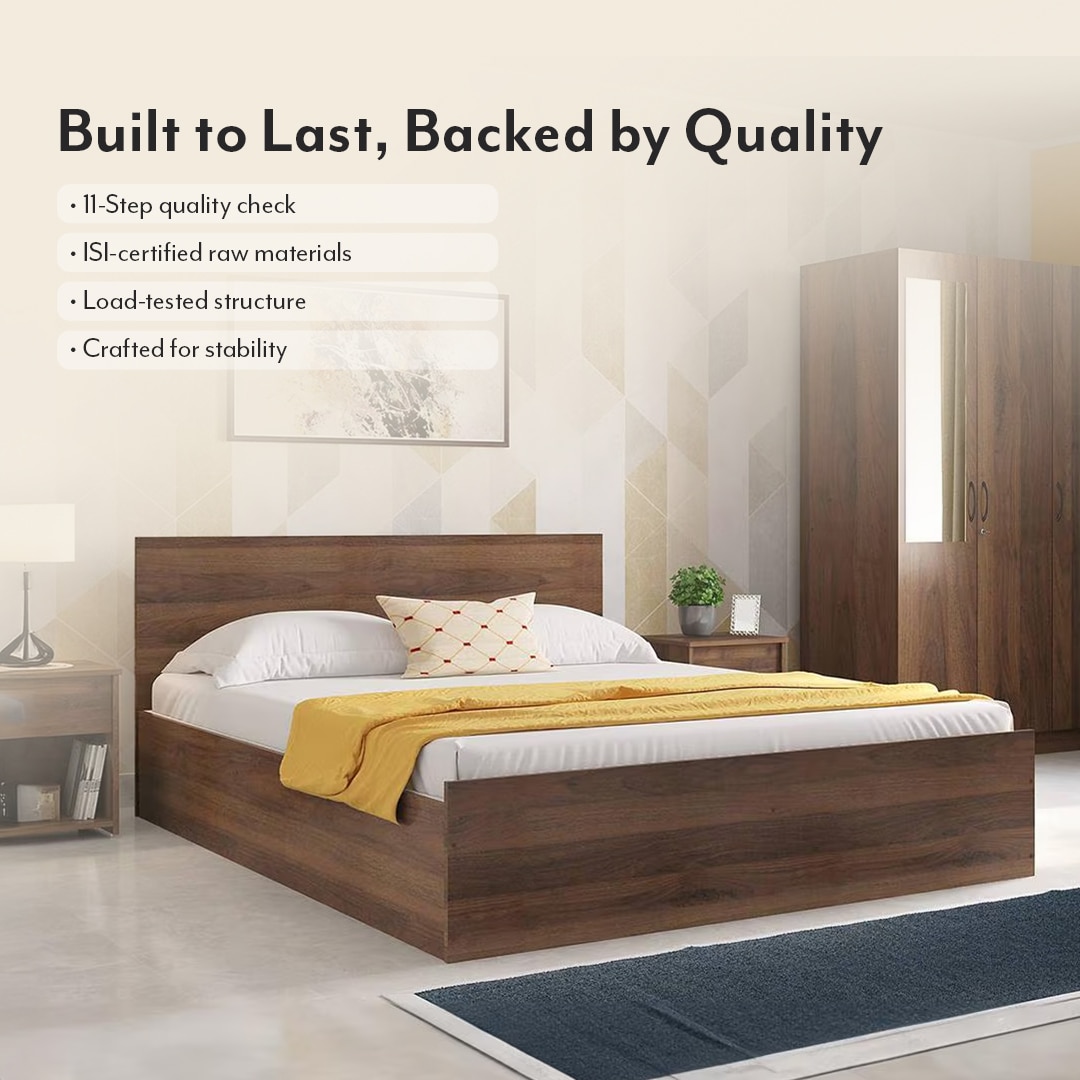 Zoey Engineered Wood Queen Size Box Storage Bed In Classic Walnut Finish