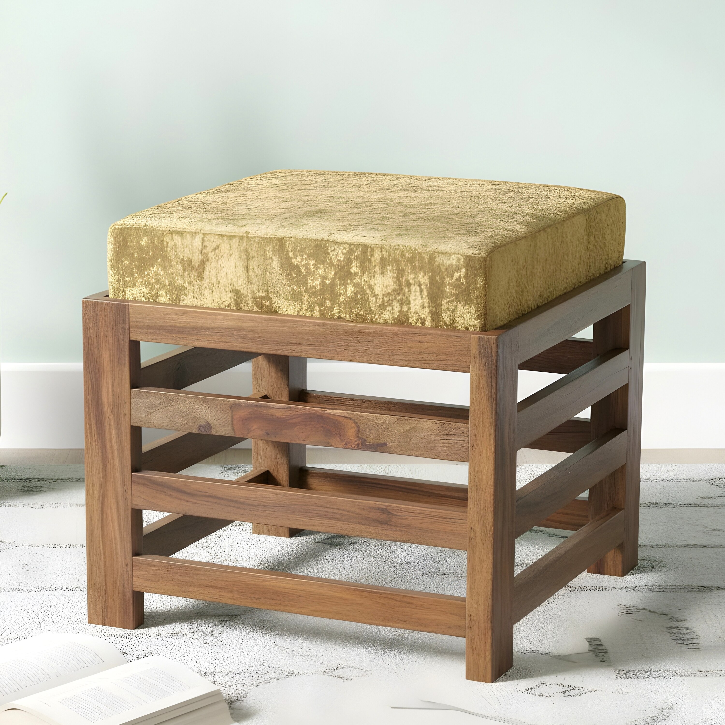 Houston Sheesham Wood Stool in Teak Finish with Velvet Green Cushion
