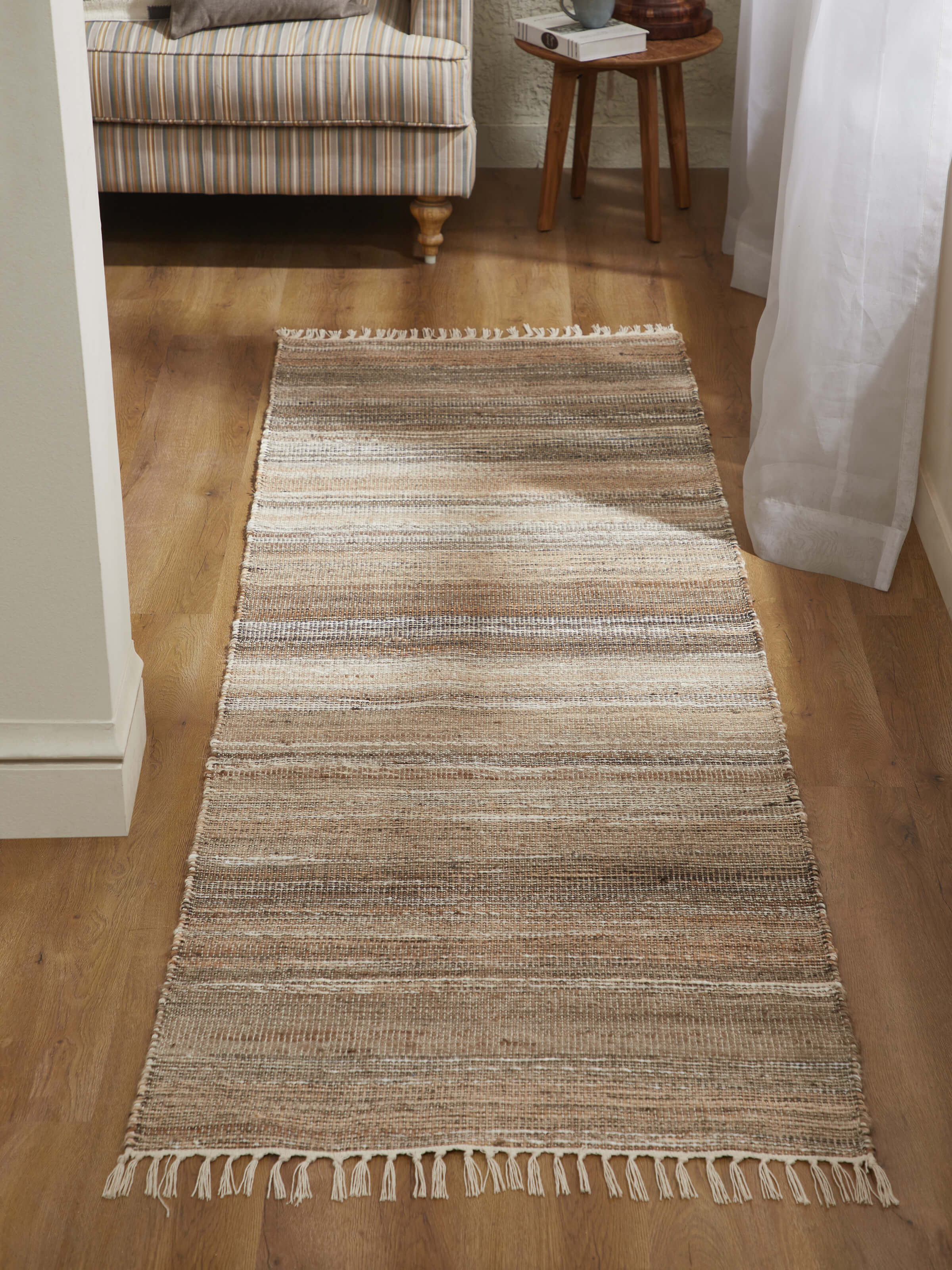 Side view of Textured Beige Lawan Jute & Cotton Natural Fibre Runner showing its natural fibre weave.