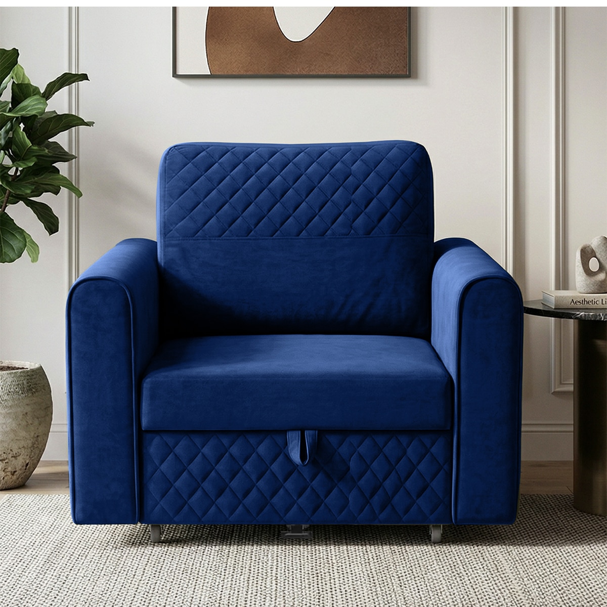 Baruna 1 Seater Velvet Pull Out Sofa Cum Bed with Storage In Blue Color - Home Lifestylez