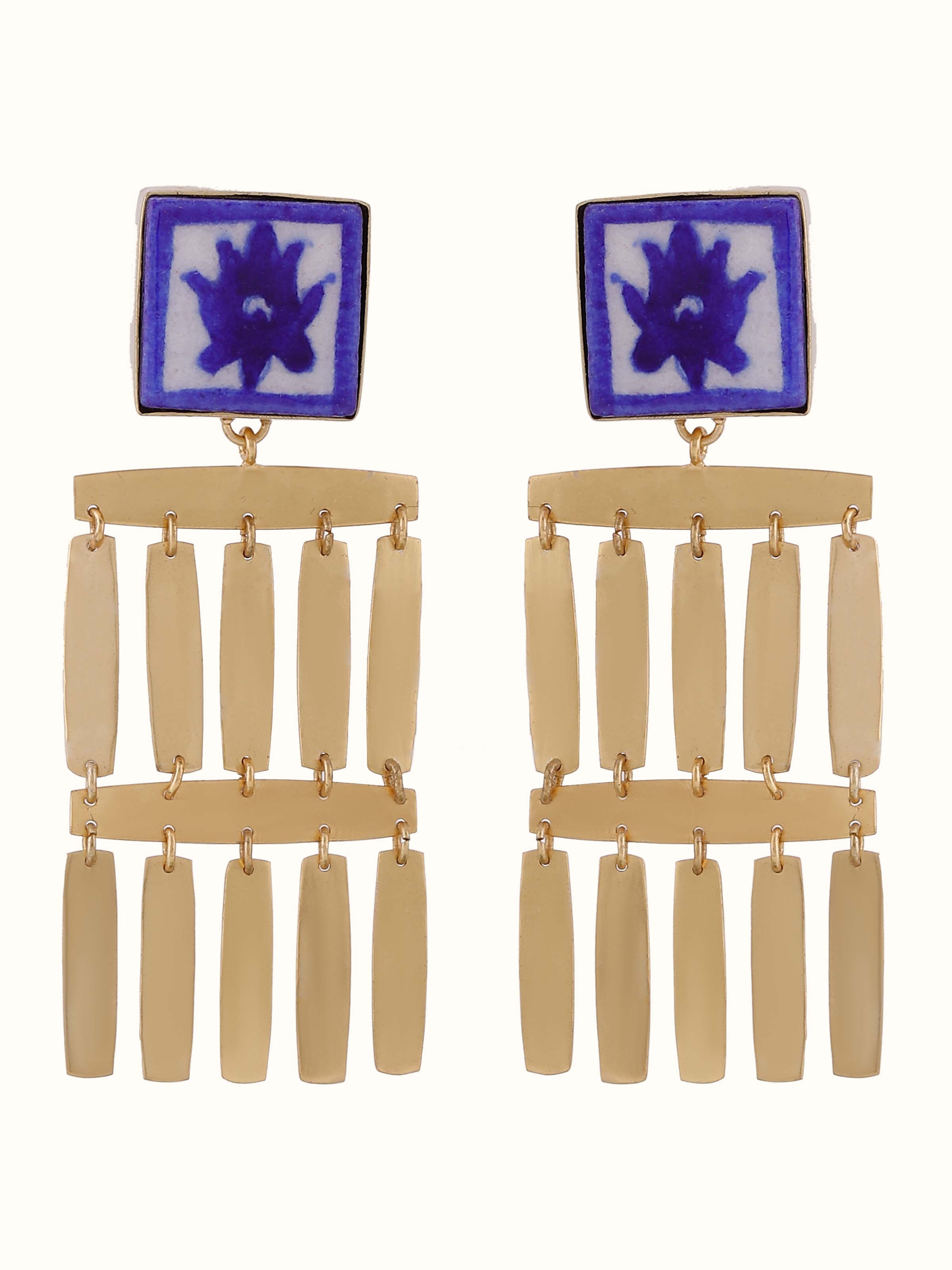 Front view of Blue Pottery Drop Earrings showcasing the intricate blue pottery design and craftsmanship