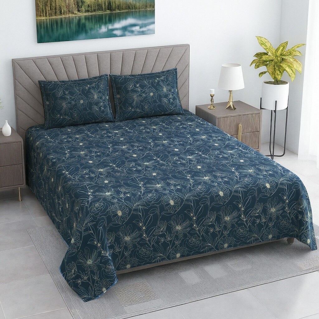 Taran Dark Green Shade Floral 400 TC Cotton Flat Double Queen Size Bedsheet with 2 Pillow Covers – Threads - Threads