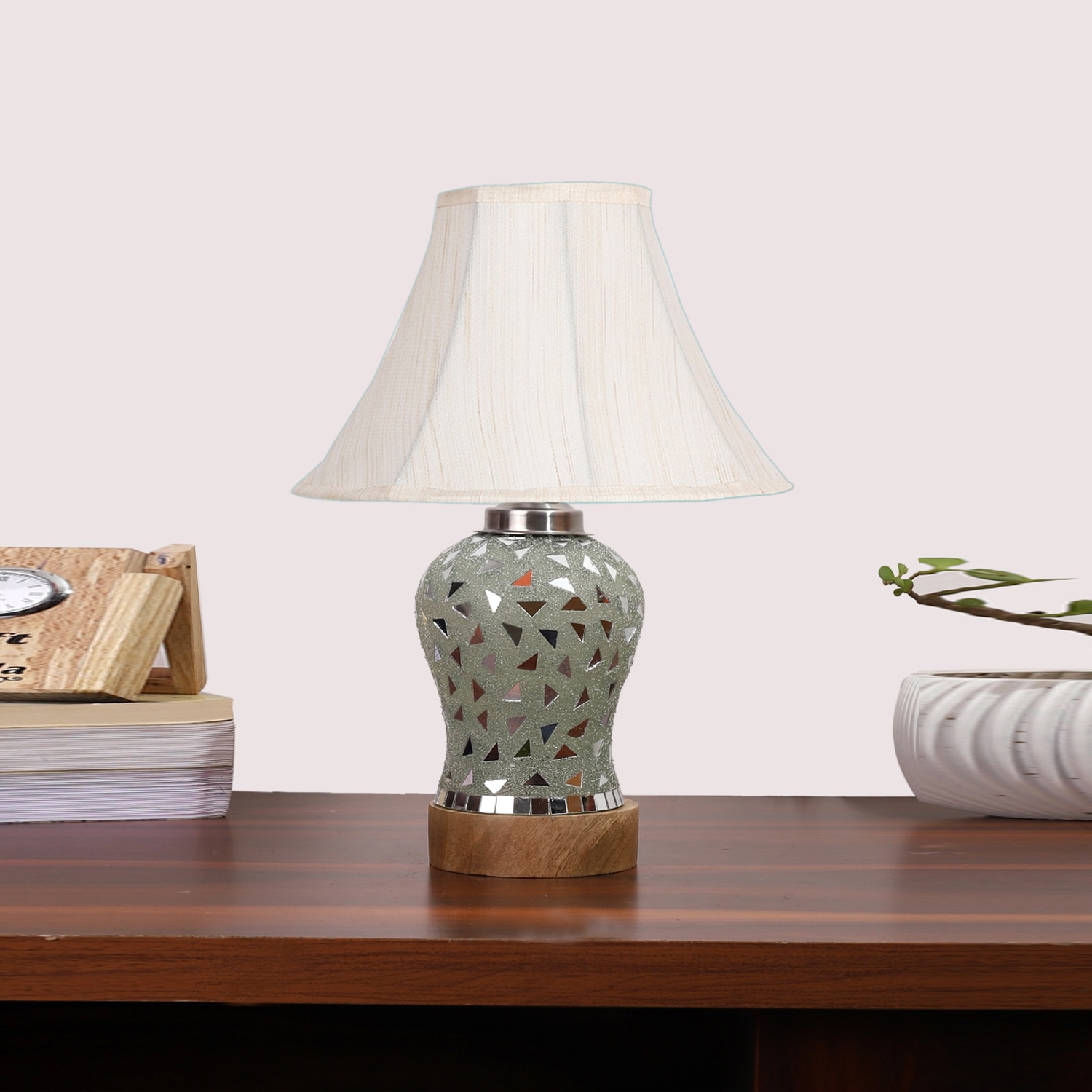 Devansh Off-White Cotton Shade Lamp With Wood & Mosaic Glass Base For Decoration/Office/Home/Gifting/Study For Decoration/Office/Home/Gifting/Study