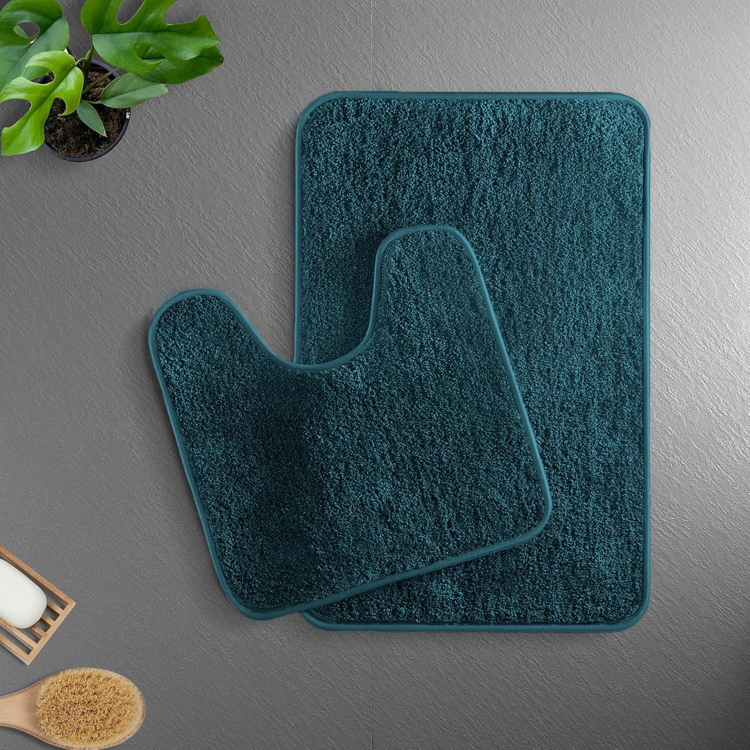 Luxe Home Polyester Newman Contour Bath Mat Set of 2 (Teal 45x75 cm & 40x45)