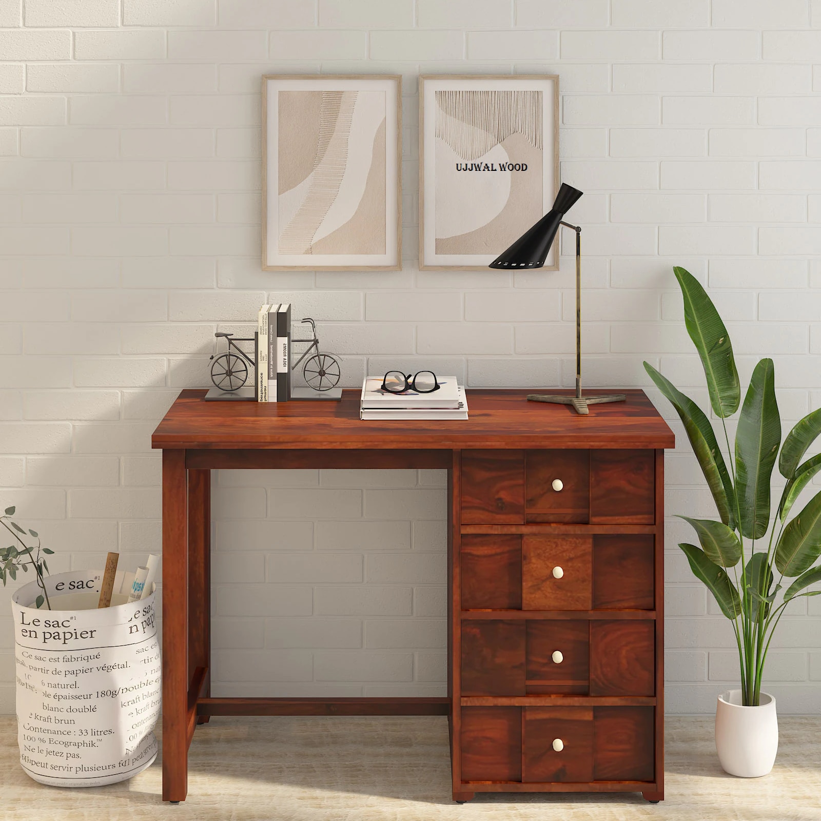 Sheesham Wood Study Table In Scratch Resistant Honey Oak Finish With Drawers - Ujjwal Wood