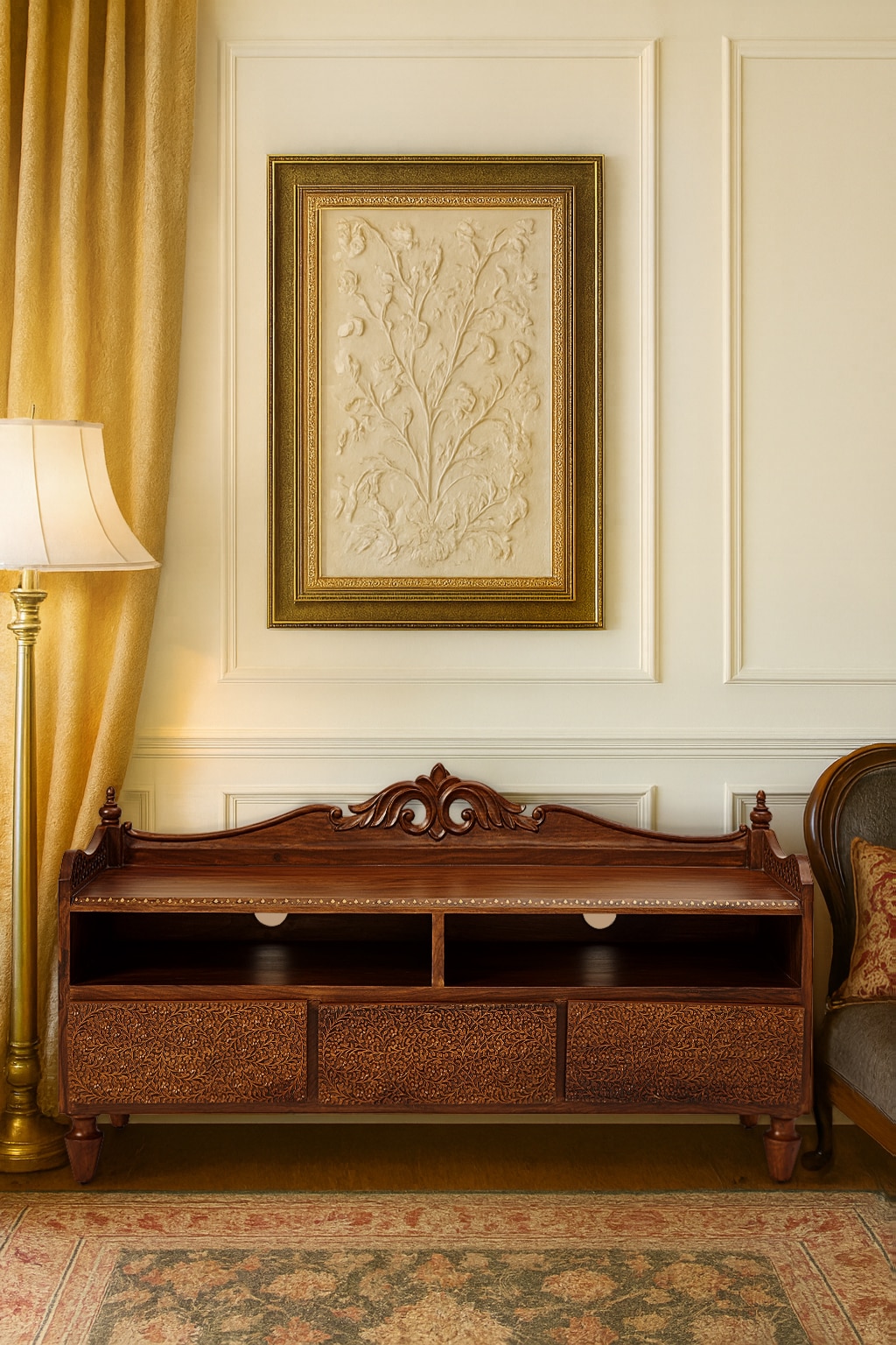 Carved Sheesham Wood Entertainment Unit