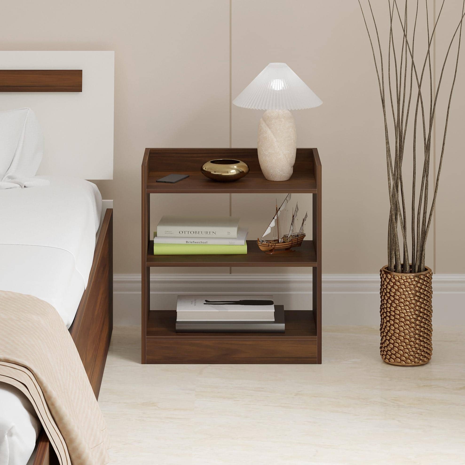 Nohee Engineered Wood Bedside Table in Brown Maple Finish
