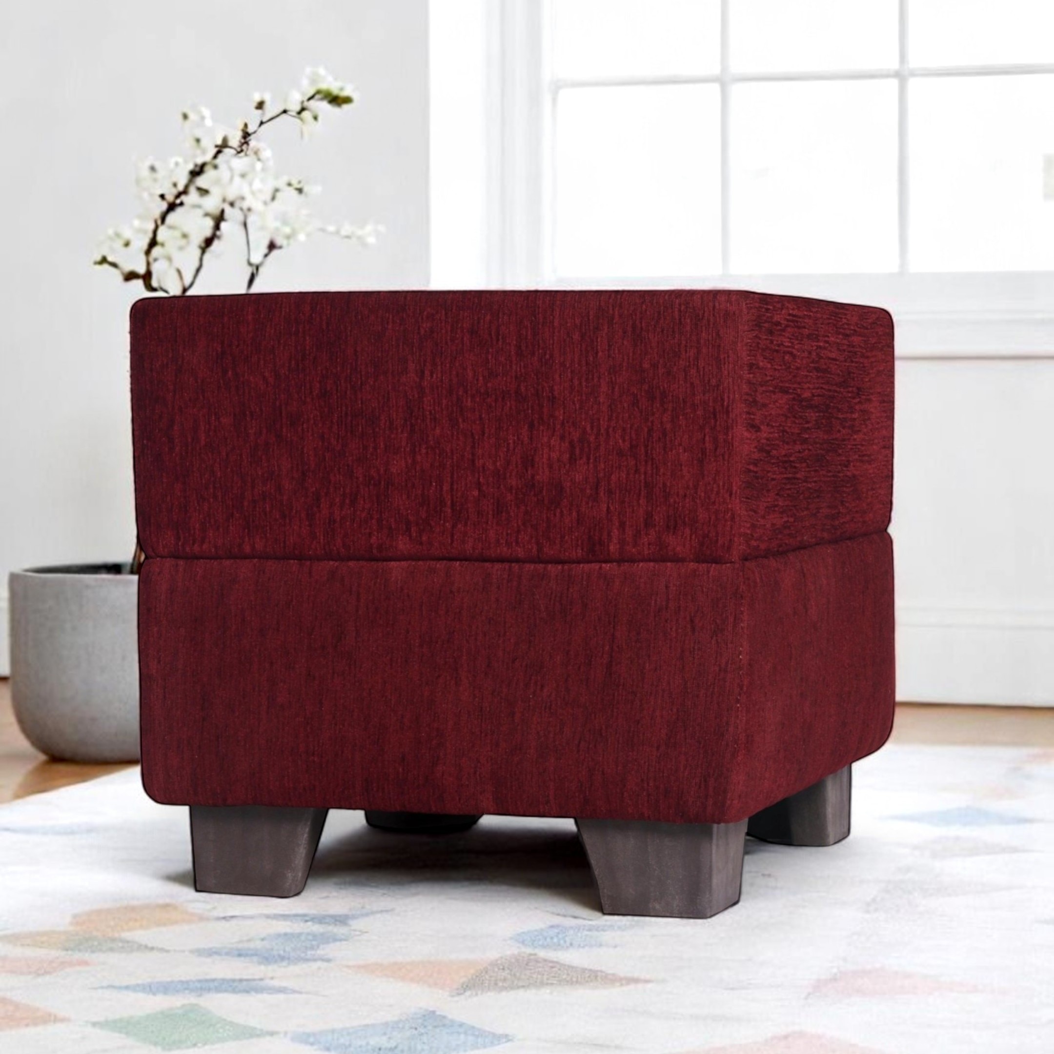 Iris Solid Wood Pouffee in Mossy Maroon Fabric