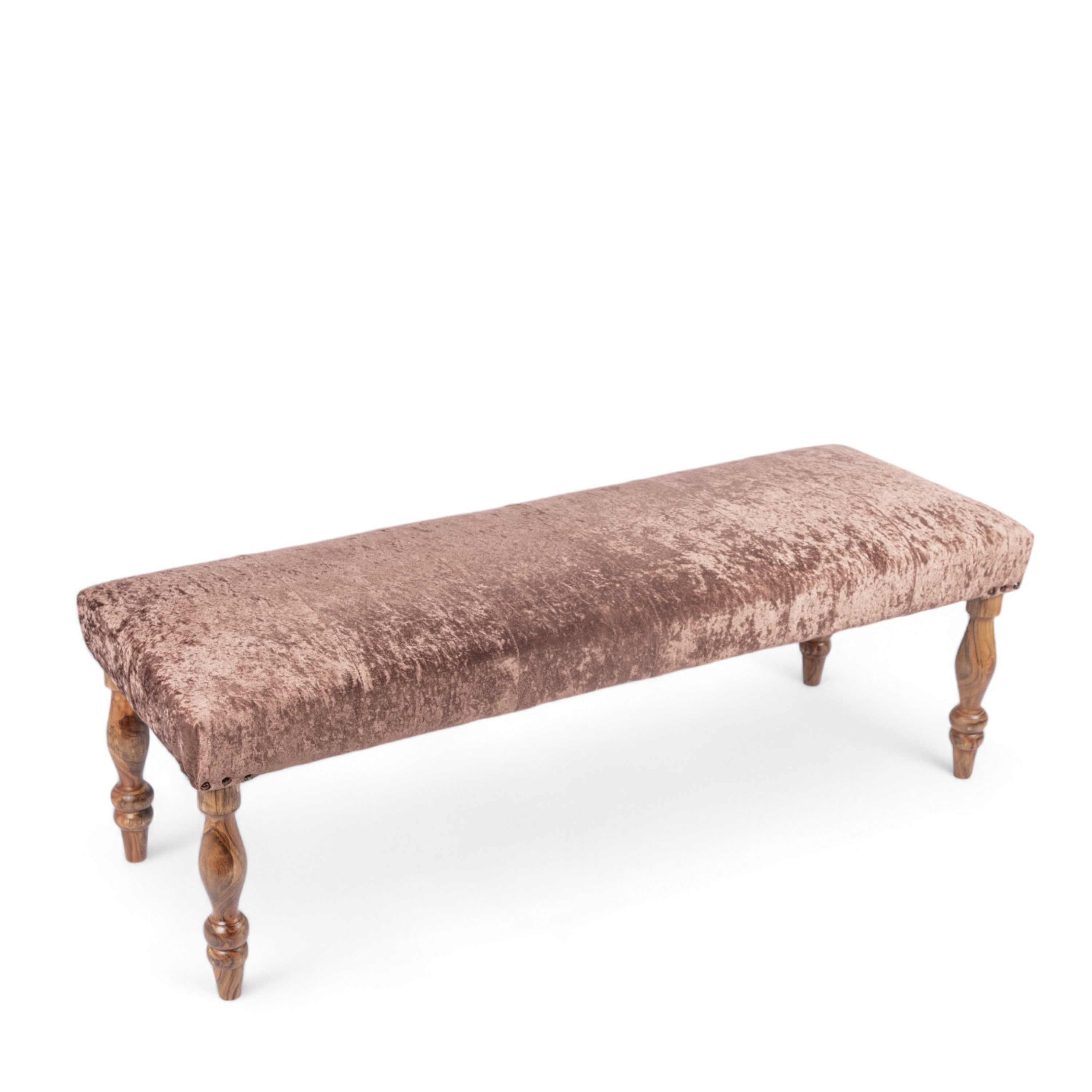 Cairo Soild Wood Bench In Velvet Brown Fabric