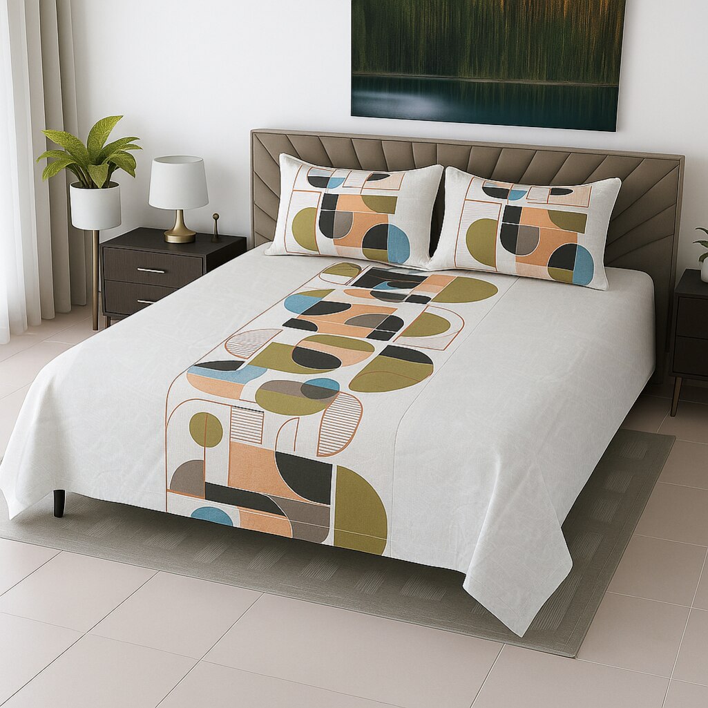 Off White Geometrical 400 TC Cotton Flat Super King Size Bedsheet With 2 Pilllow Covers From Threads
