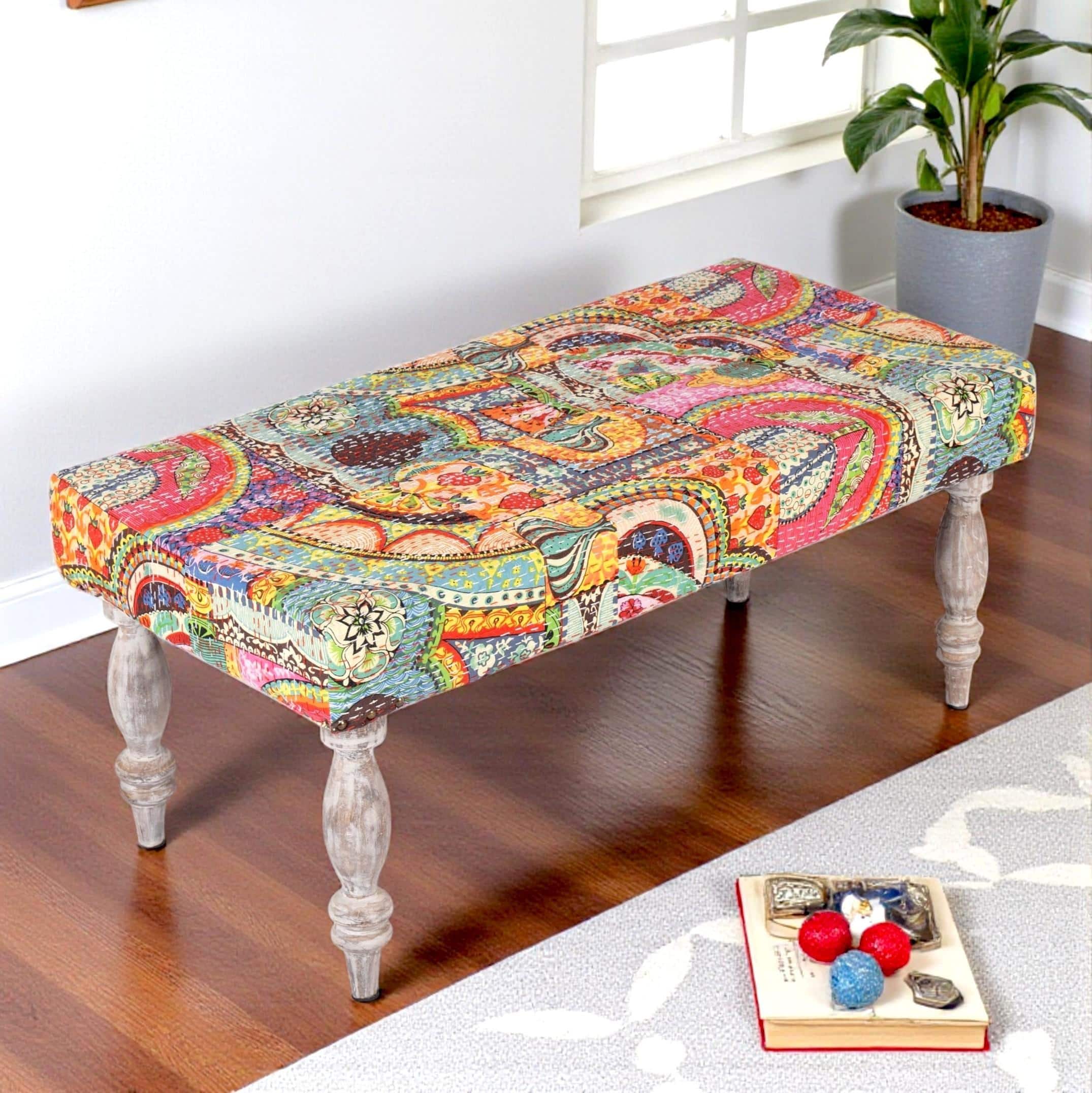 Bestone Solid Wood Bench In Multicolour Patch Kantha Fabric