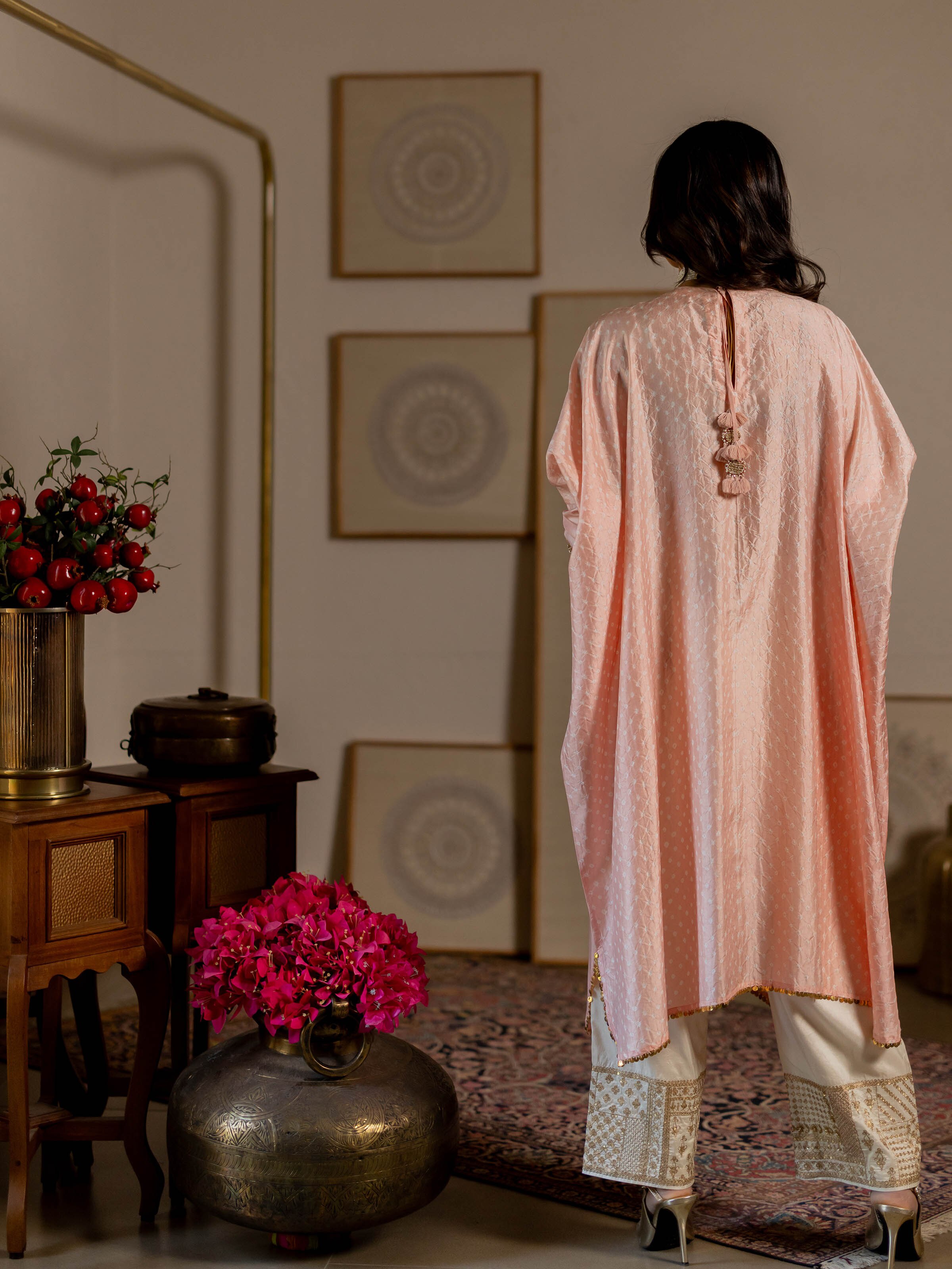 Back view of the Blush Pink Silk Hand Embroidered Bandhani Kurta Set (2 Pcs)