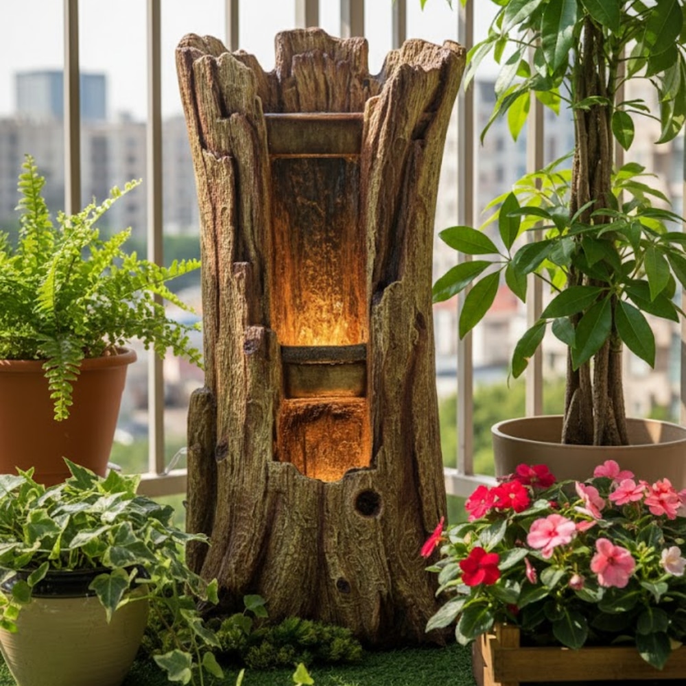 Brown Nature Inspired Carved Tree Water Fountain - Expleasia