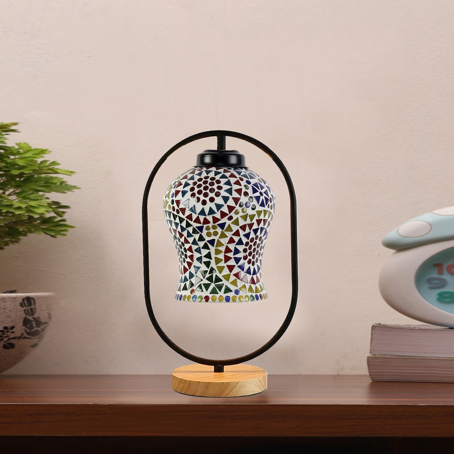 Devansh Multicolor Glass Wooden & Iron  Table Lamp -17 Inch Height  -Akl - Devansh