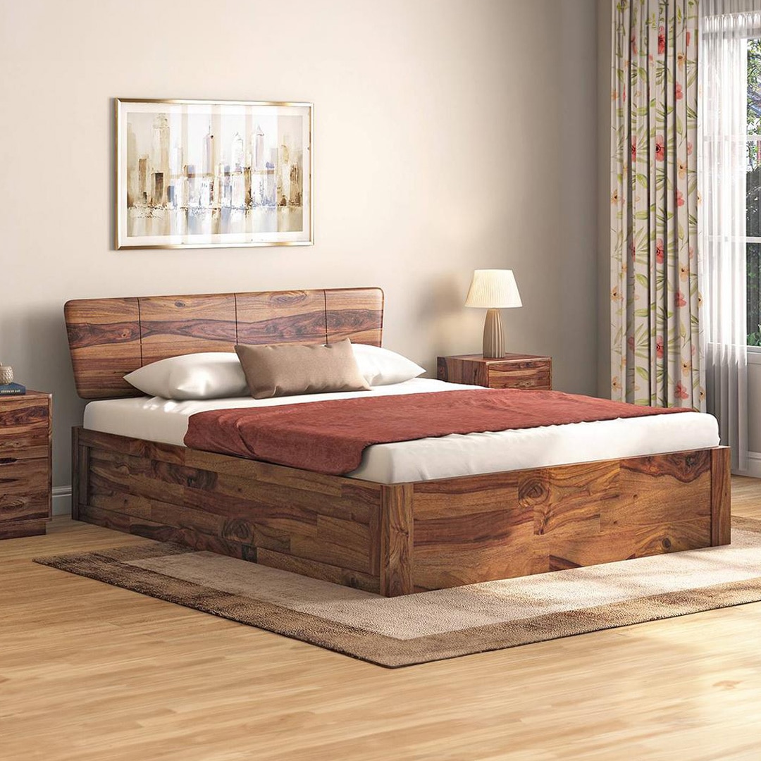 Marieta Solid Wood King Size Box Storage Bed In Teak Finish