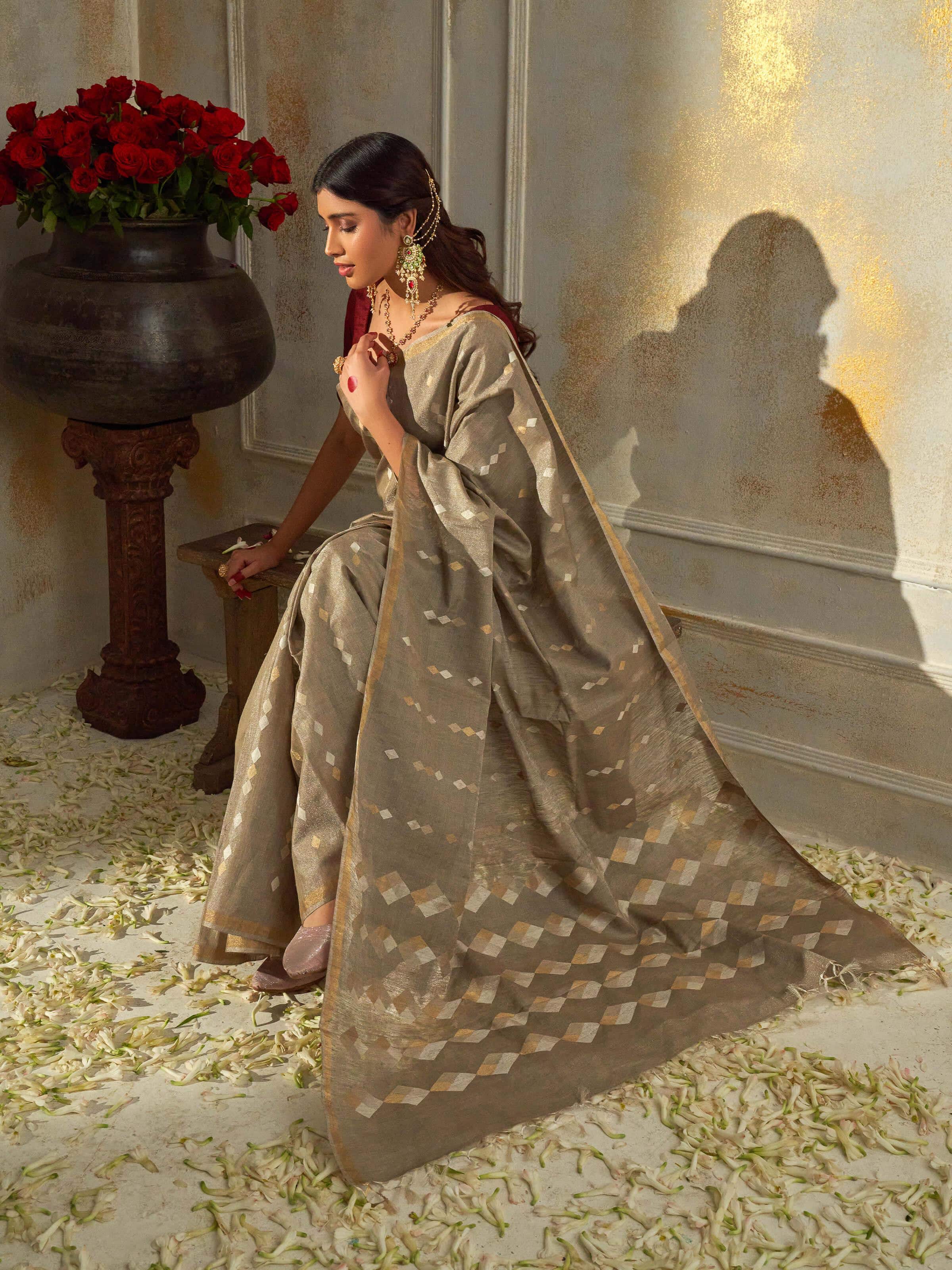 Light Grey Tussar Silk Saree