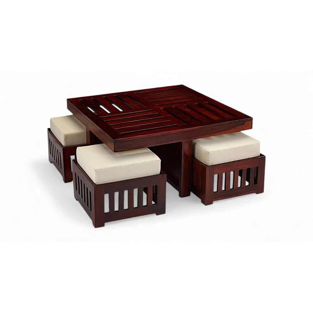 Palladio Sheesham Wood Accent Coffee Table Set With 4 Stools In Honey Finish
