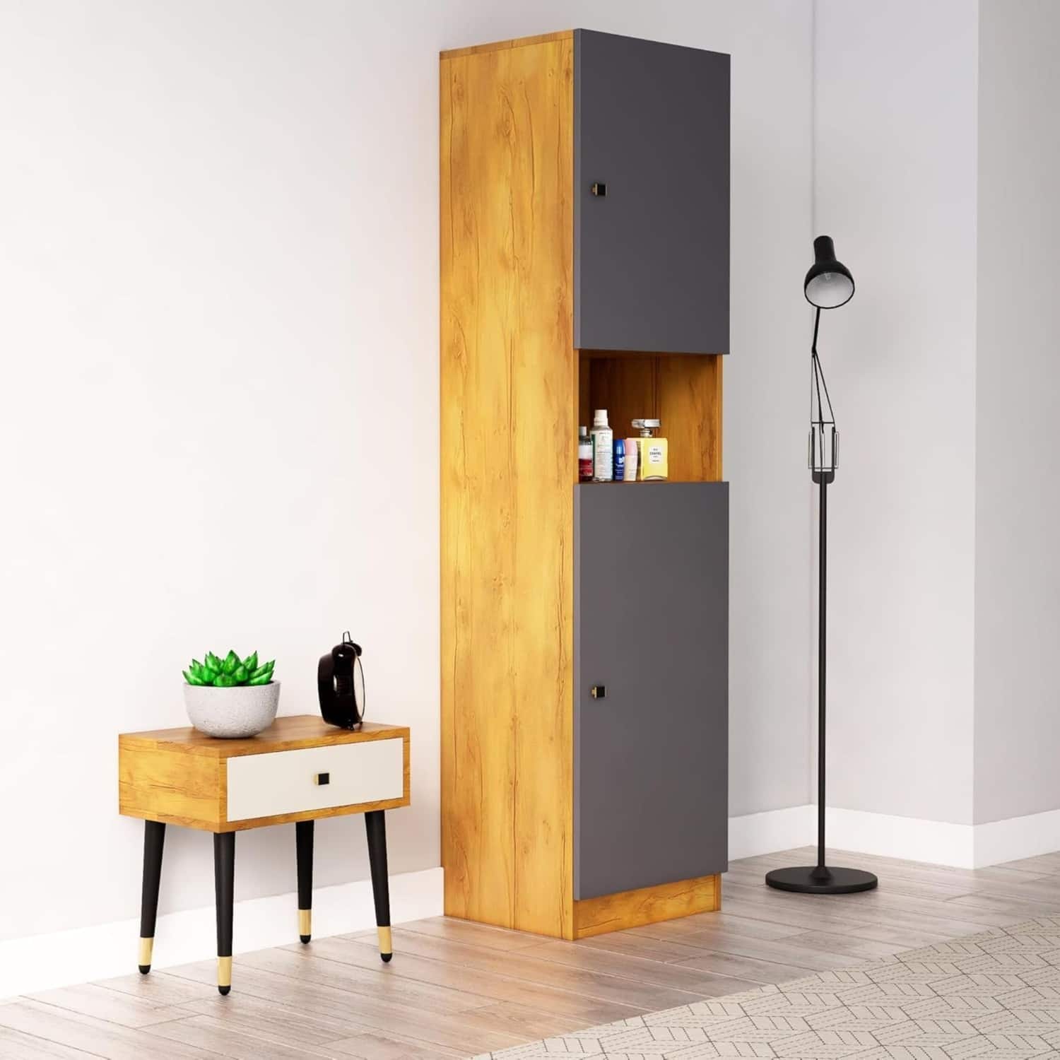 Hexa Red Wooden 2 Door Wardrobe with Hanging Space in Giant Wood and Slate Grey Colour - HexaRed