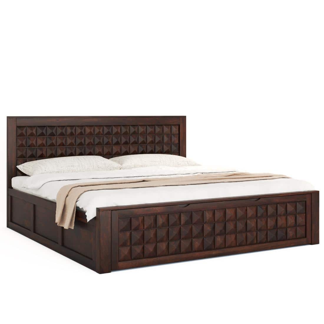 Keaton Sheesham Wood Queen Size Bed Drawer And Box Storage Walnut Finish (60 x 78 inches)