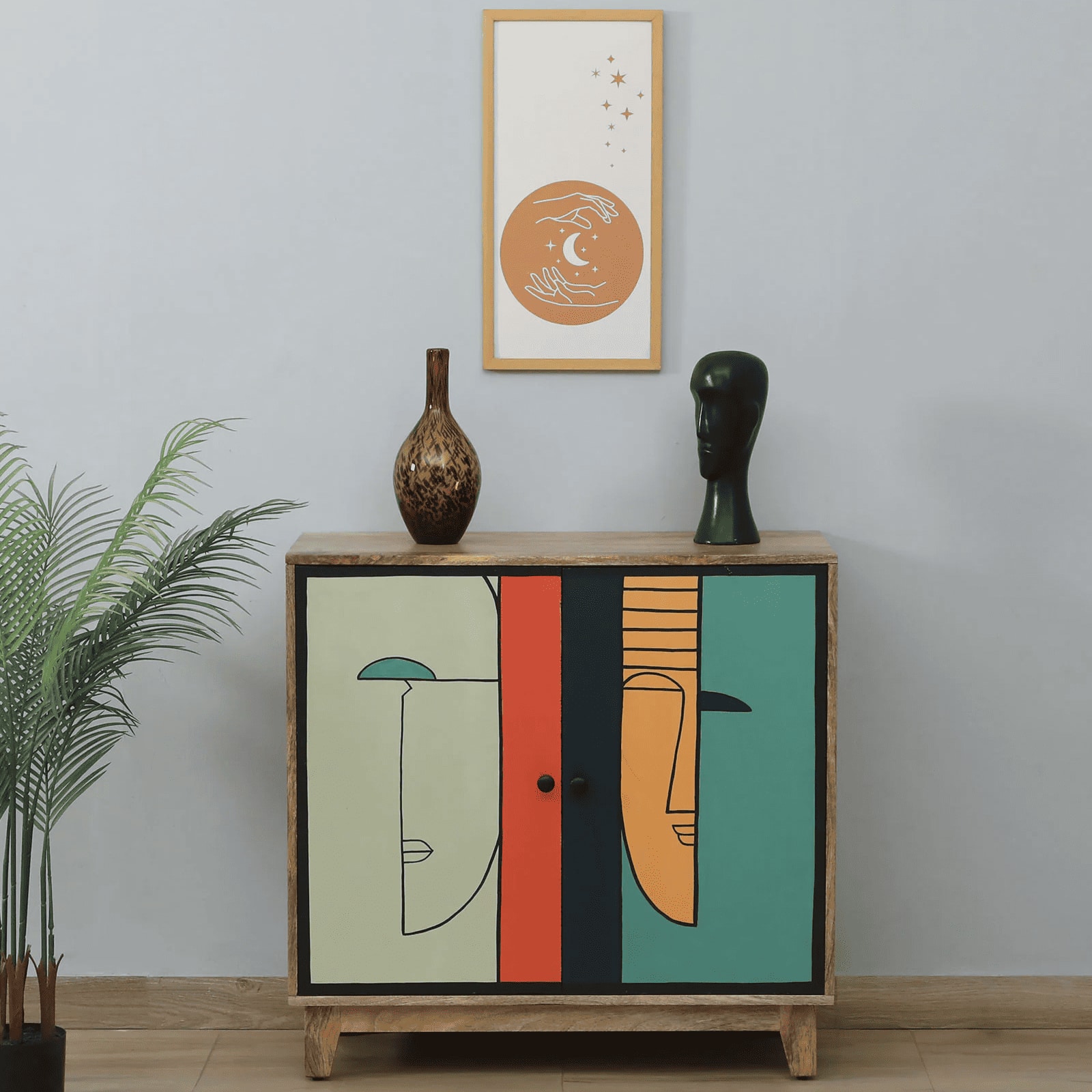 Pluma Mango Wood Hand Painted Multicolor 2 Door Cabinet In Natural Finish