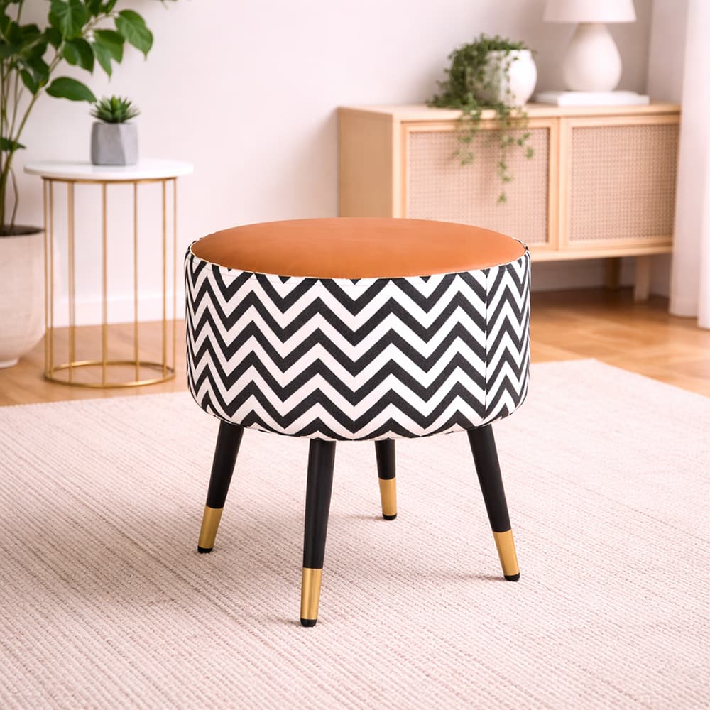 Doe Buck Zik Zak Chevron Printed Ottoman Stool in Tan and Black Colour with Gold Tipped Legs - Doe Buck