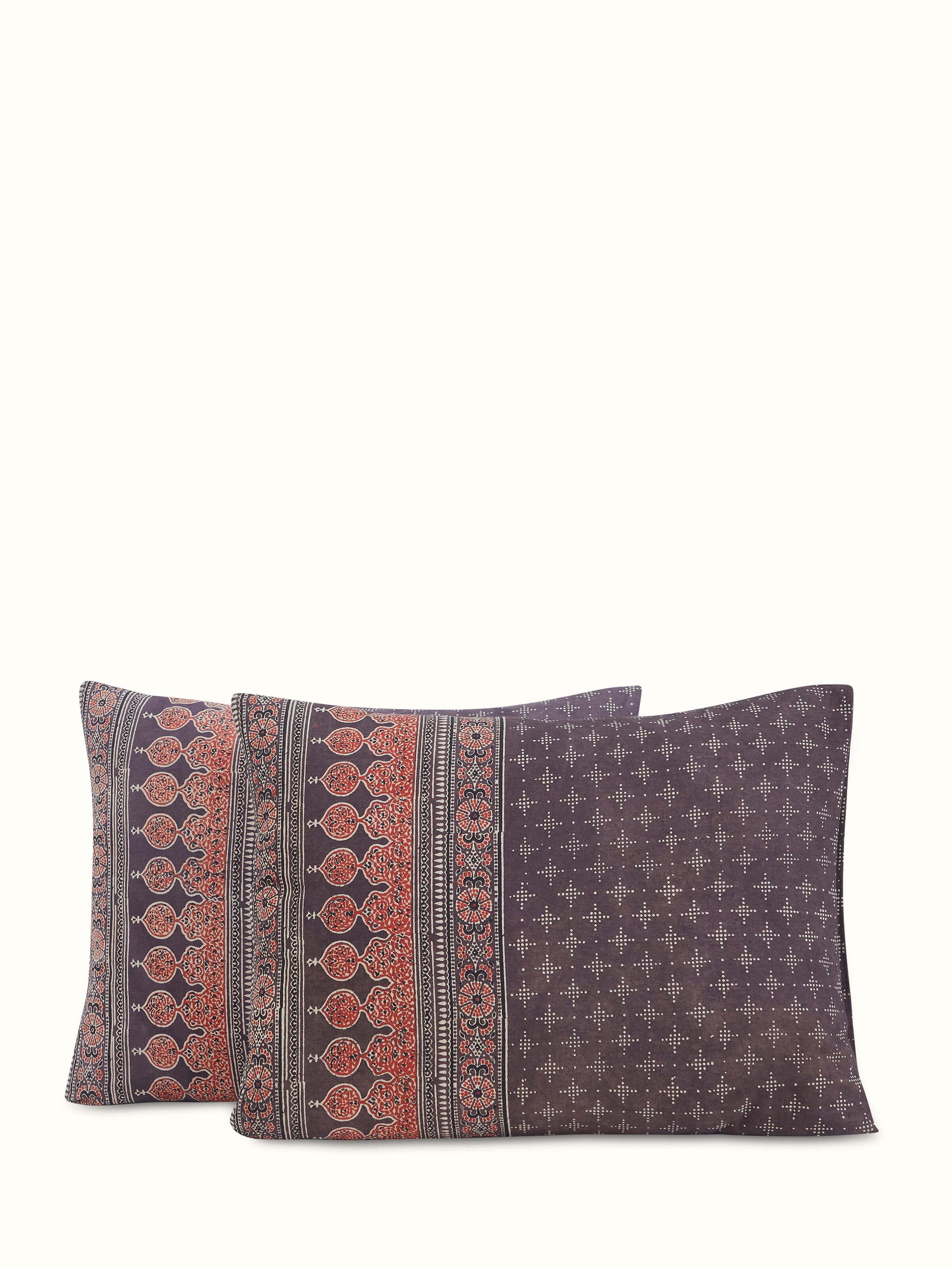 Side view of Sindh multicolour jaal cotton ajrakh block printed king bedspread set (3 pcs) showing the depth of the block print and fabric texture.