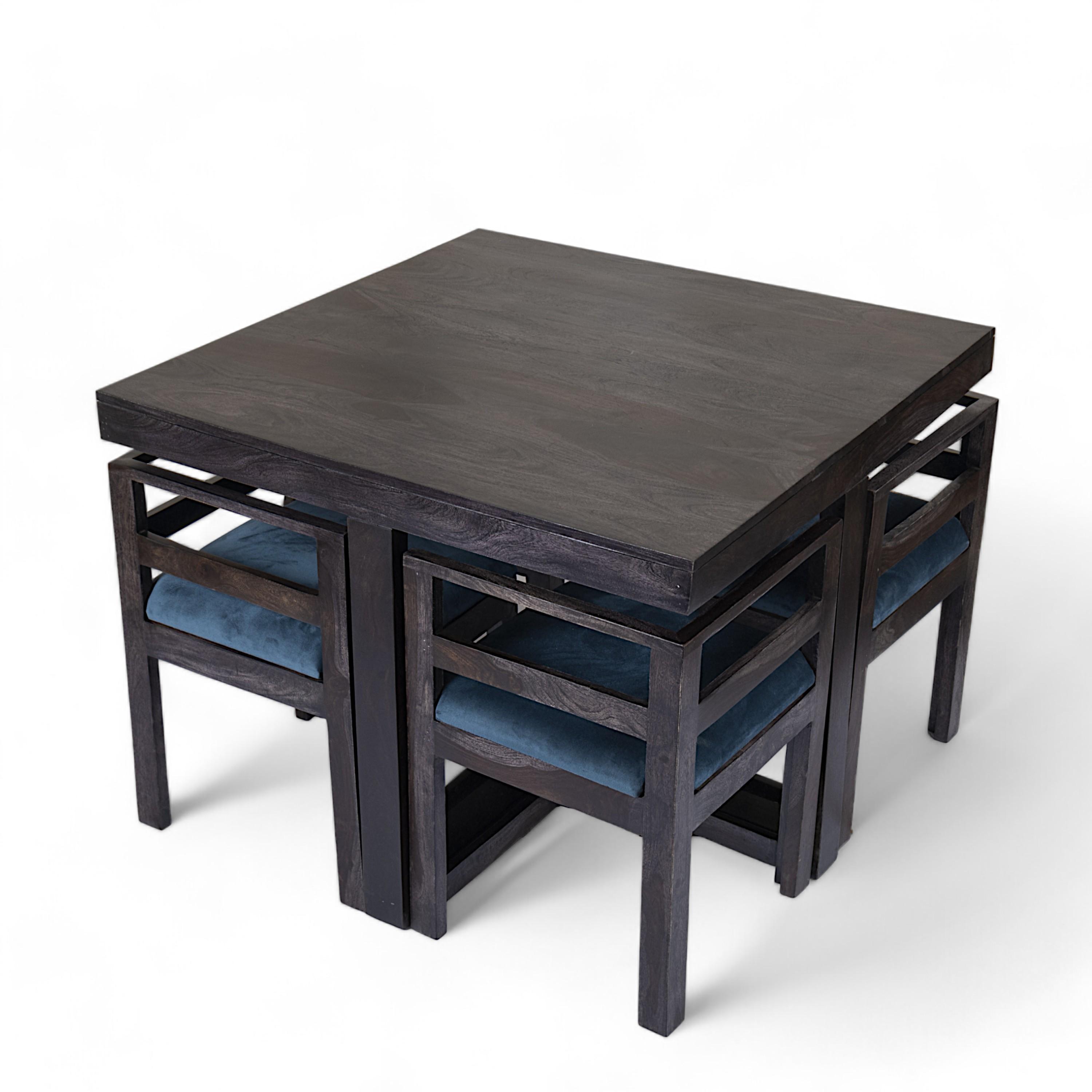 Kingston Sheesham Wood 4 Seater Dining Table Set in Mahogany Finish & Turquoise Sea Velvet fabric Upholstery