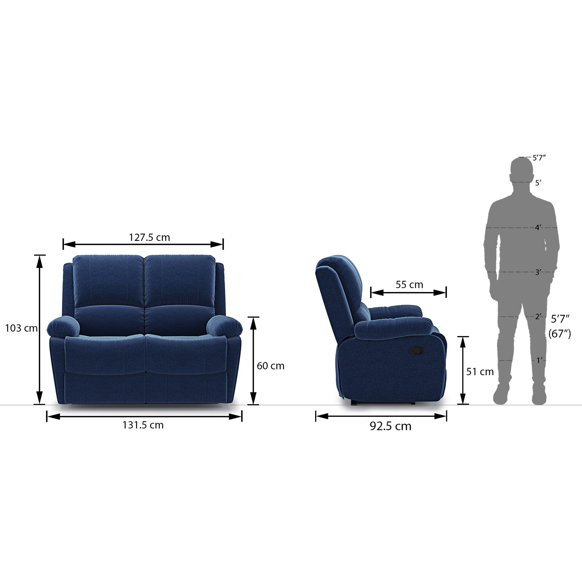 Lebowski Fabric Two Seater Manual Recliner in Cobalt Fabric Colour