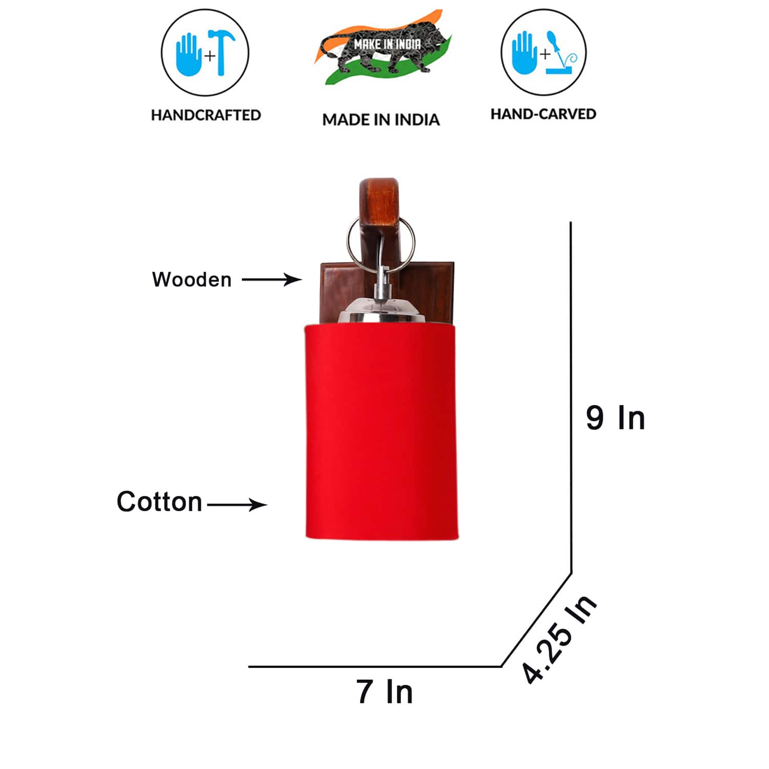 Devansh Solid Wood Electric Wall Light in Brown Colour with Red Shade Count of 1 Light