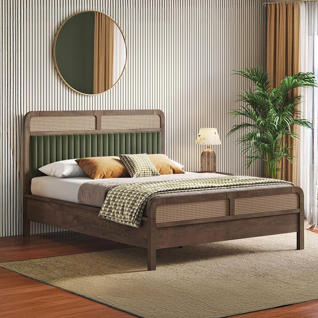 Hanoi Solid Wood Cane Queen Size Nonstorage Bed In Danish Walnut Finish with Deep Olive Colour