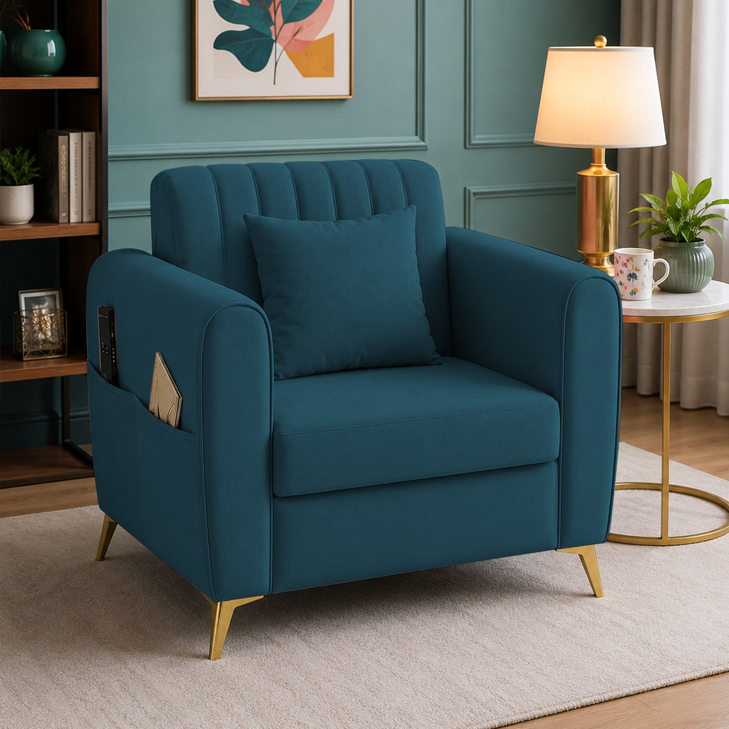 DaracoVelvet 1 Seater Sofa in T blue Color - Home Lifestylez