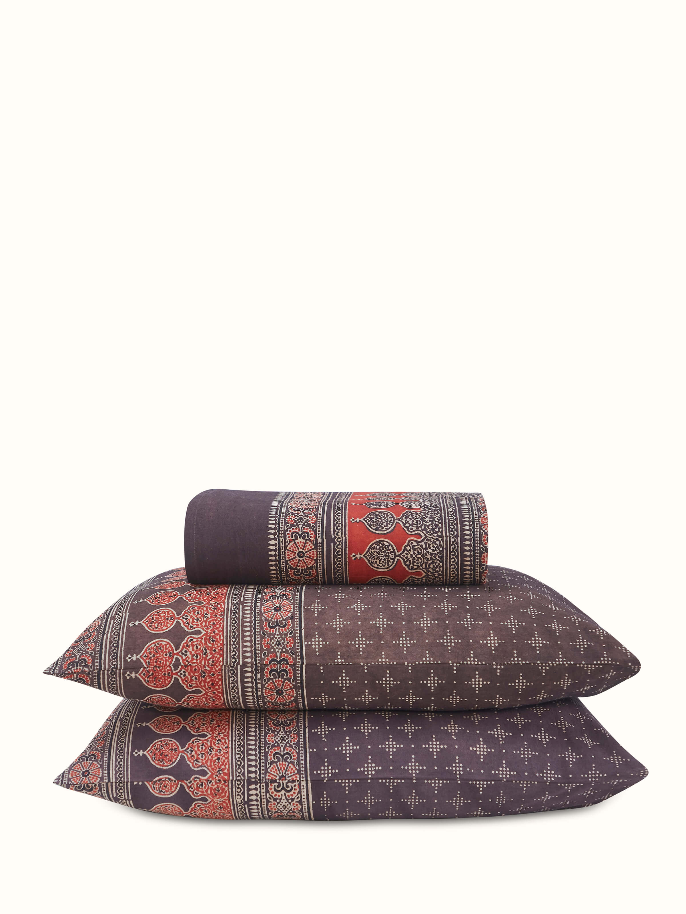 Full view of Sindh multicolour jaal cotton ajrakh block printed king bedspread set (3 pcs) showcasing its vibrant multicolour ajrakh block print and intricate jaal design.