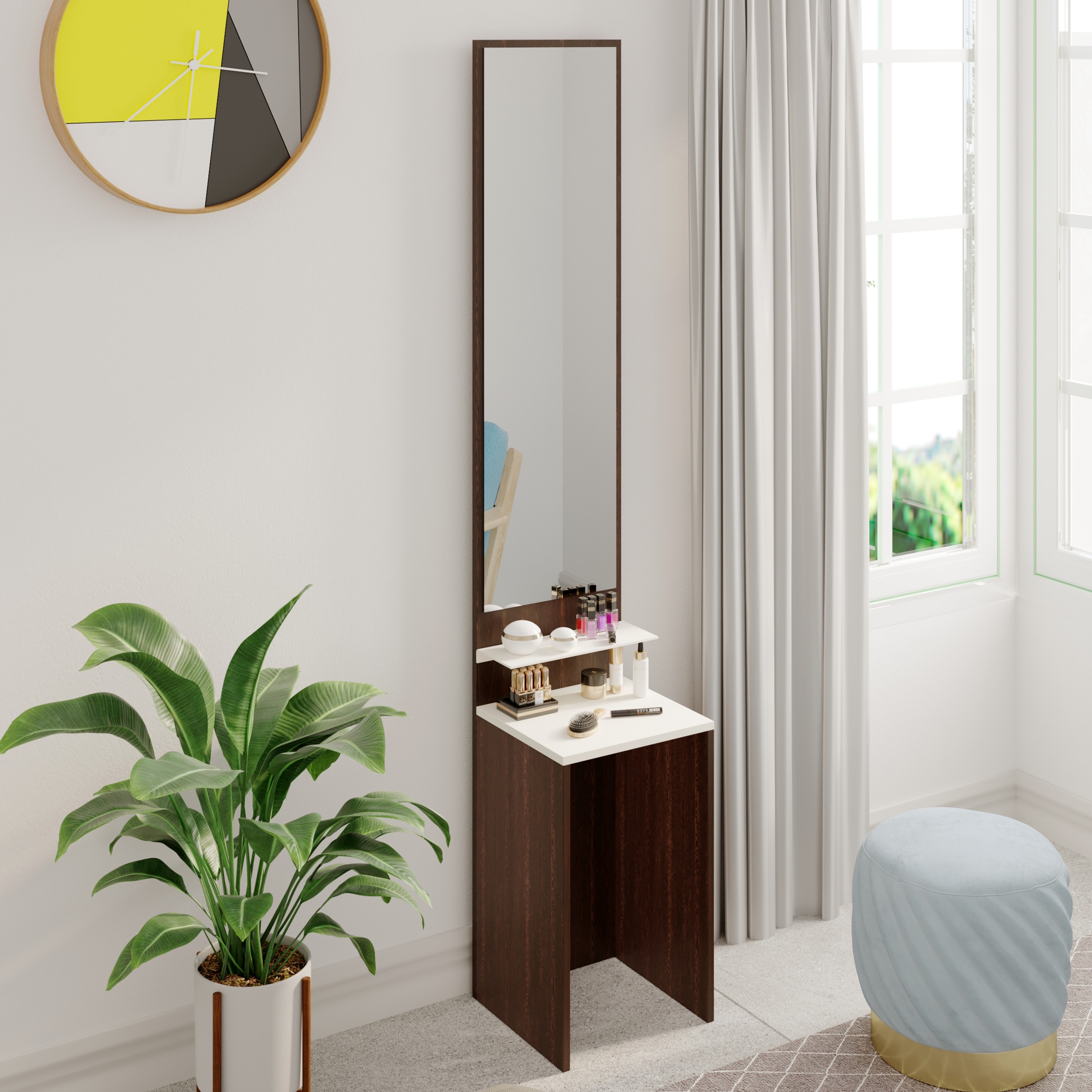 BLUEWUD Alesti Engineered Wood Slim Dressing Table Full Length Rectangular Wall Mount Mirror With Utility Shelf (Wenge & White)