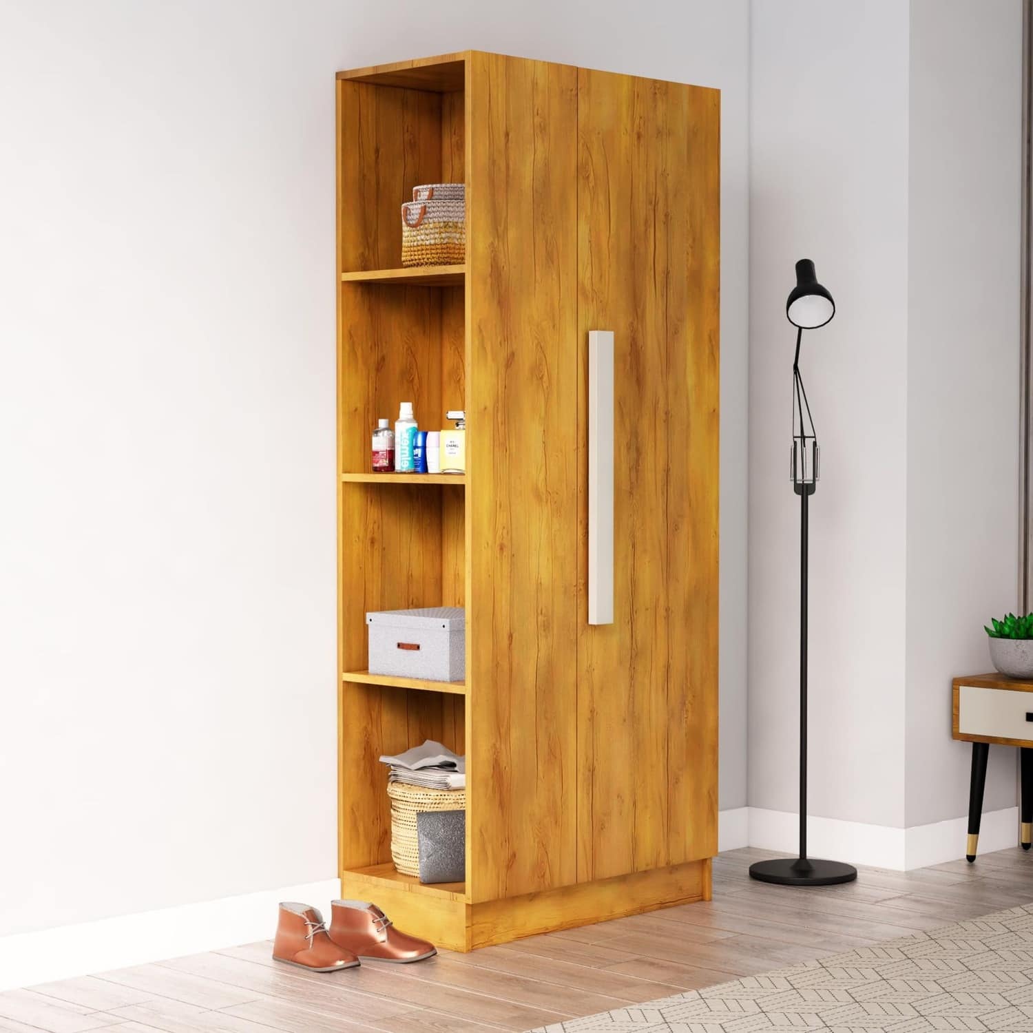 Hexa Red Wooden 1 Door Wardrobe with Hanging Space in Giant Wood Colour - HexaRed