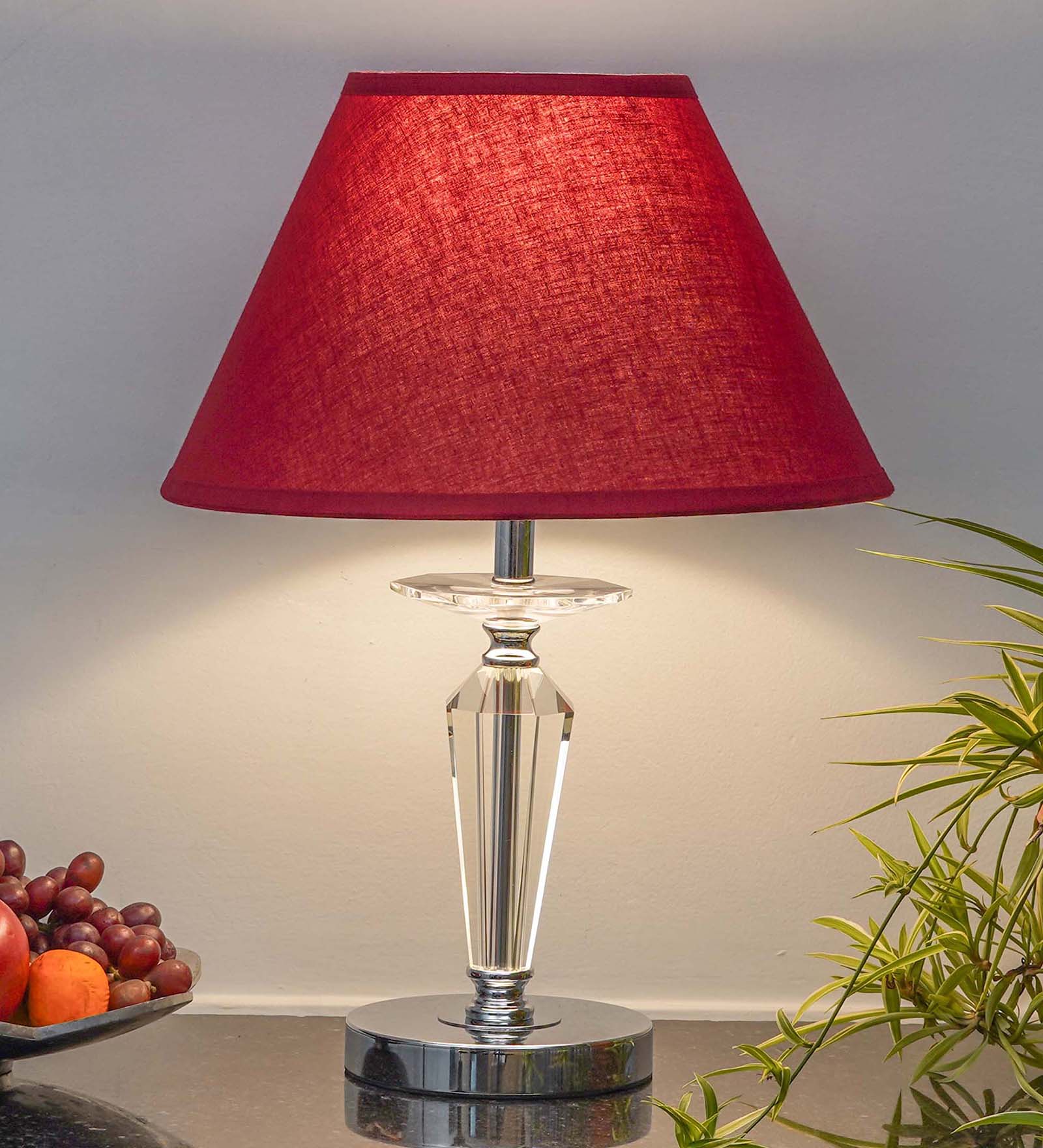 Viso Chrome Finish Metal And Clear Crystal Glass Table Lamp With Maroon Cotton Shade