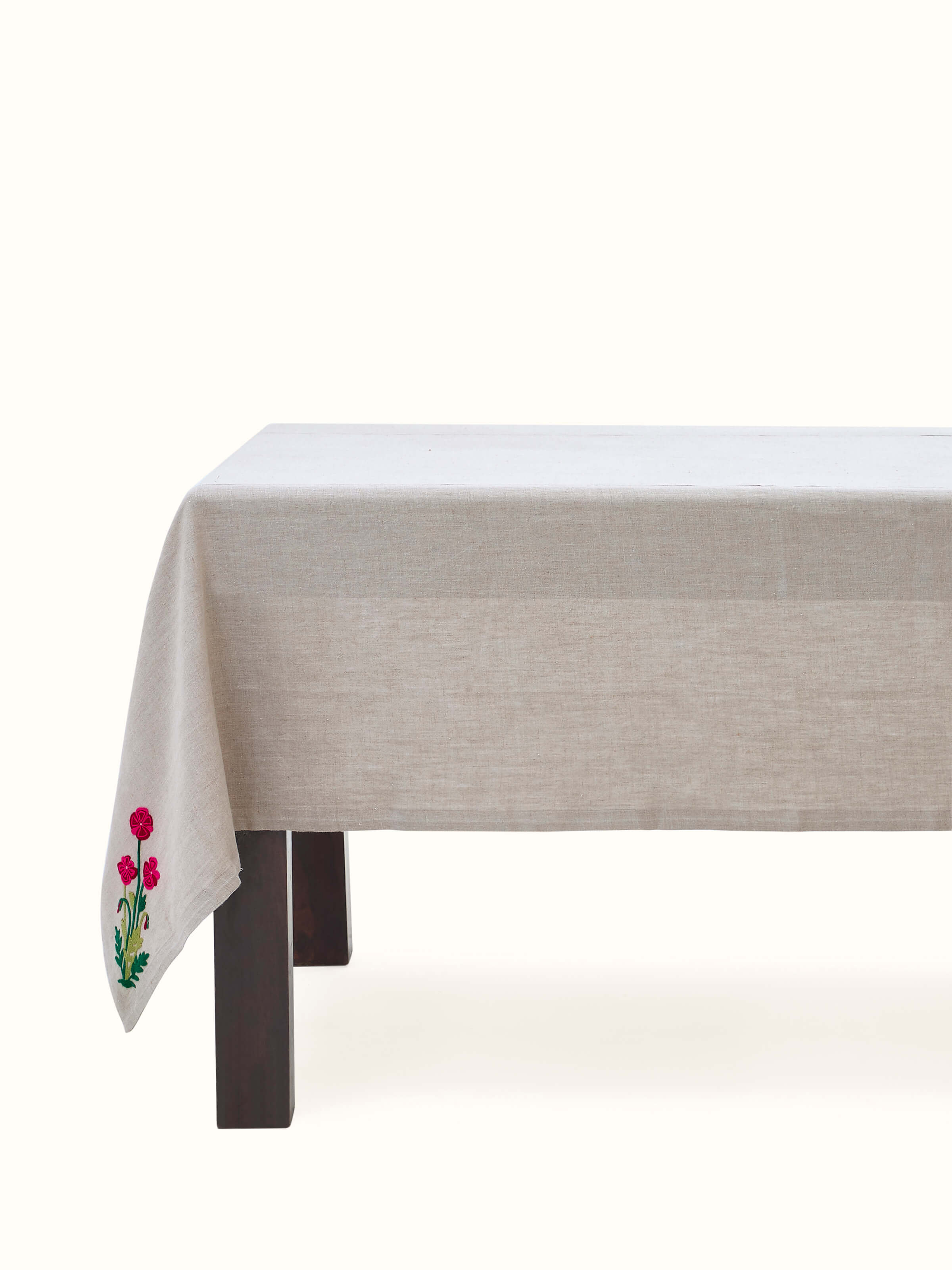 Full view of Mughal Beige Floral Linen Kashmir Chain Stitch Embroidered Table Cover (6 seater), showcasing the intricate floral embroidery.