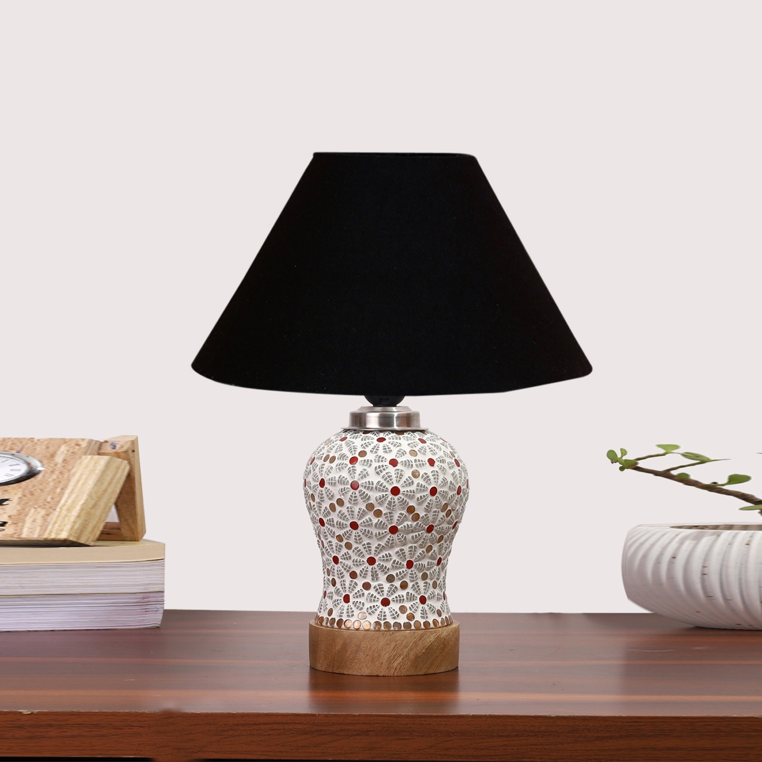 Devansh Conical Black Cotton Shade Lamp With Wood & Mosaic Glass Base For Decoration/Office/Home/Gifting/Study For Decoration/Office/Home/Gifting/Study -(10X10X14.5) Inches -A