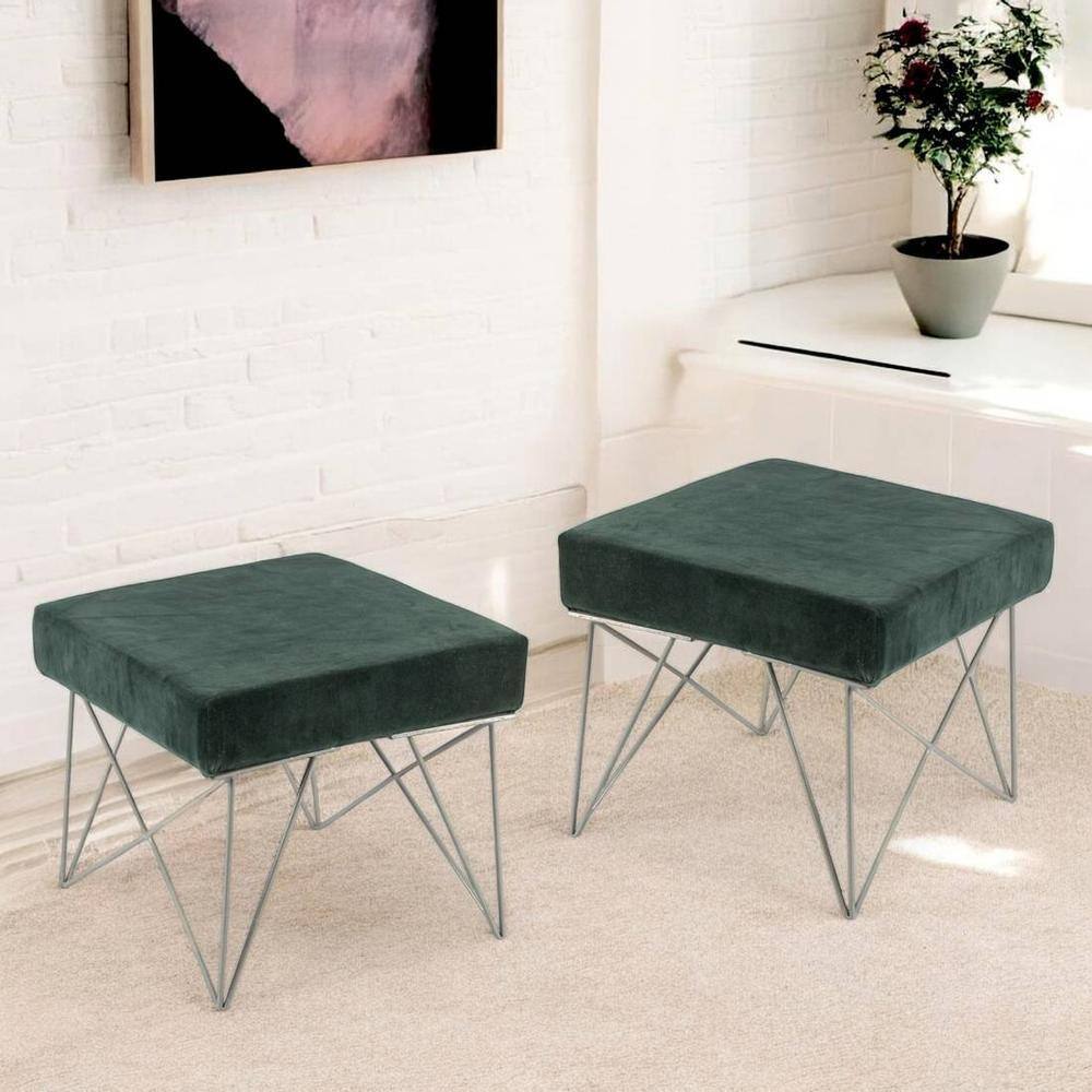 Asansol Sheesham Wood Accent Square Set of 2 Stools     in Green Cotton Velvet Upholstery