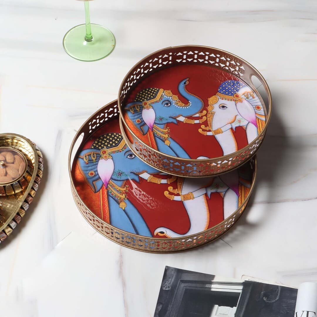 Elephant Round Pichwai Tray Set Of 2 In Blue And White Colour
