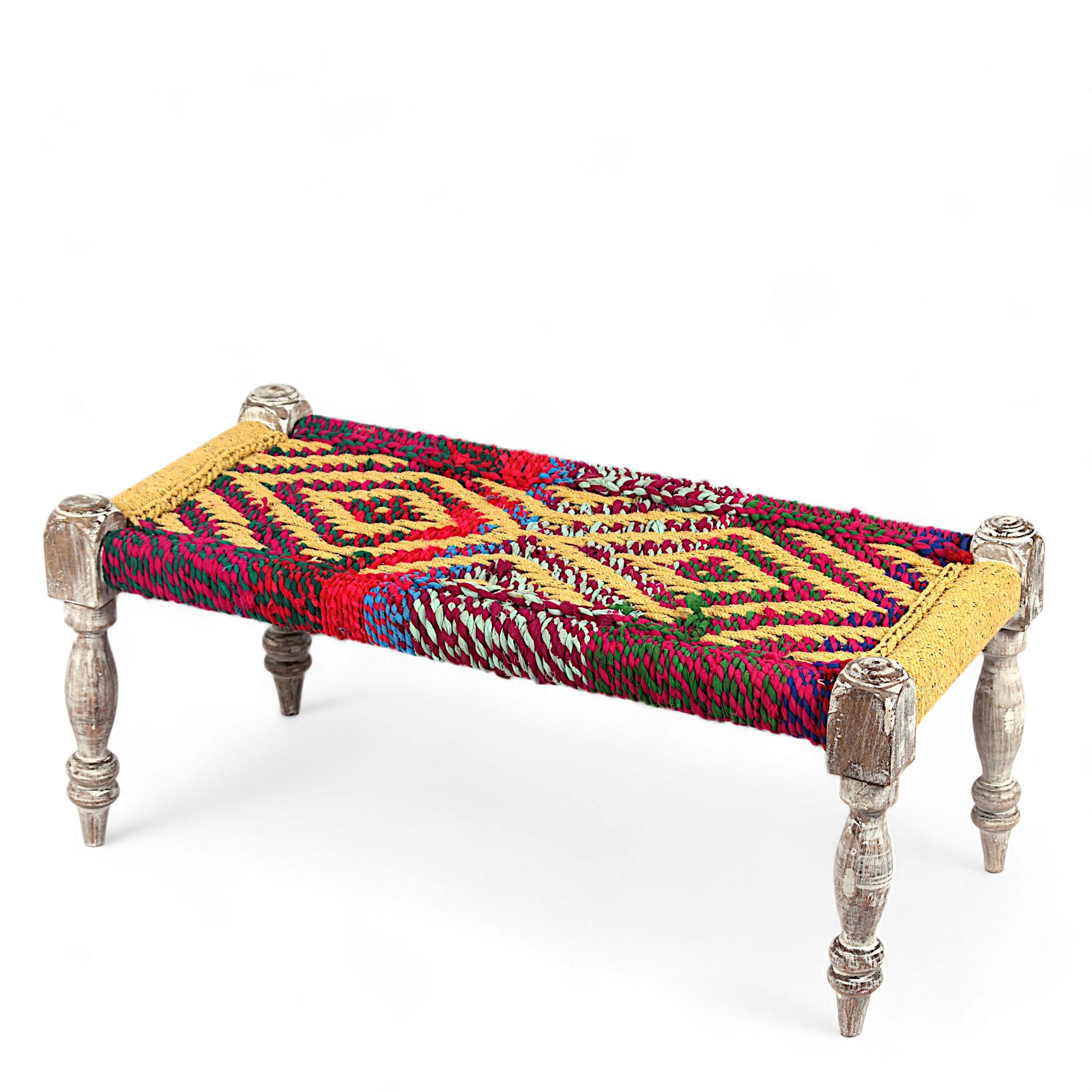 Oakville Sheesham Wood 2 Seater Maachi Bench In Assorted Multi-Colour Chindi & Yellow Rope Canning
