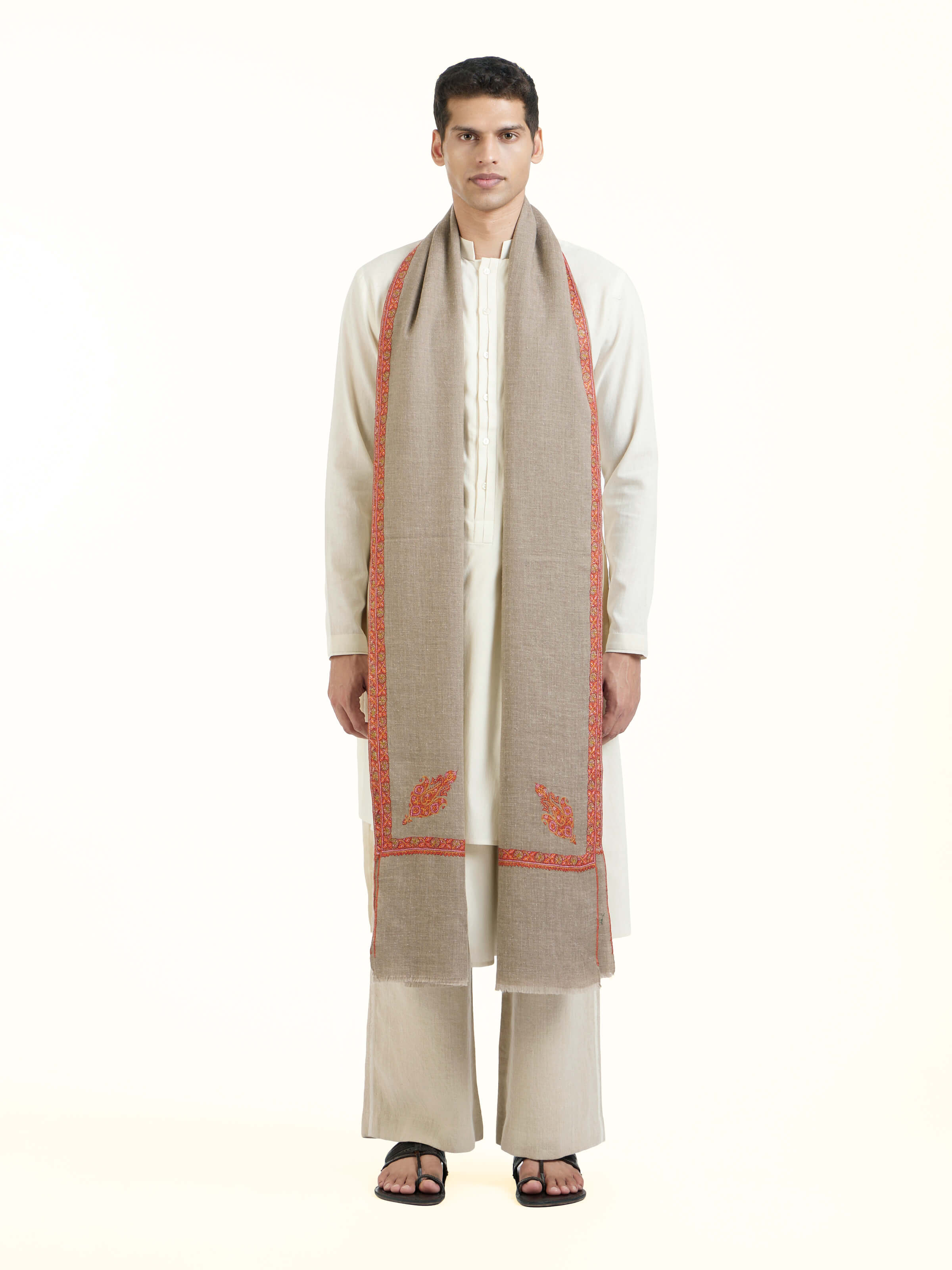 Beige Sozni Hand Embroidered Shawl